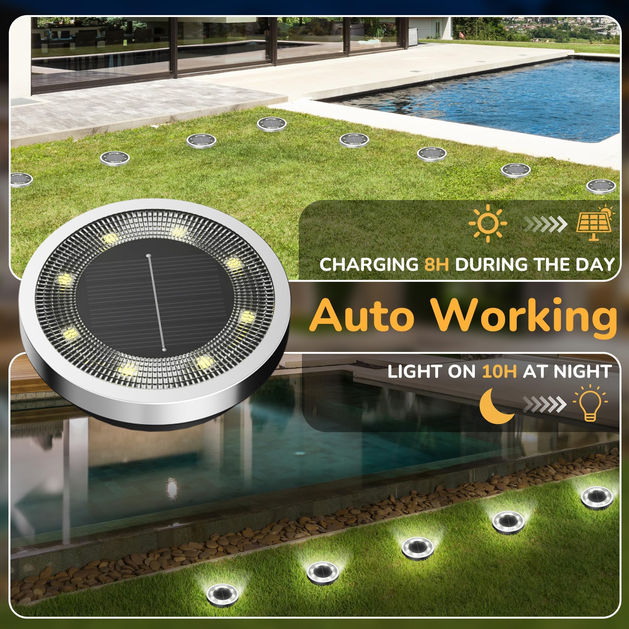INCX Luces solares de suelo, paquete de 16 luces solares para exteriores, impermeables, luces solares de jardín, iluminación de paisaje para patio, camino, césped, terraza, entrada, pasarela, blanco