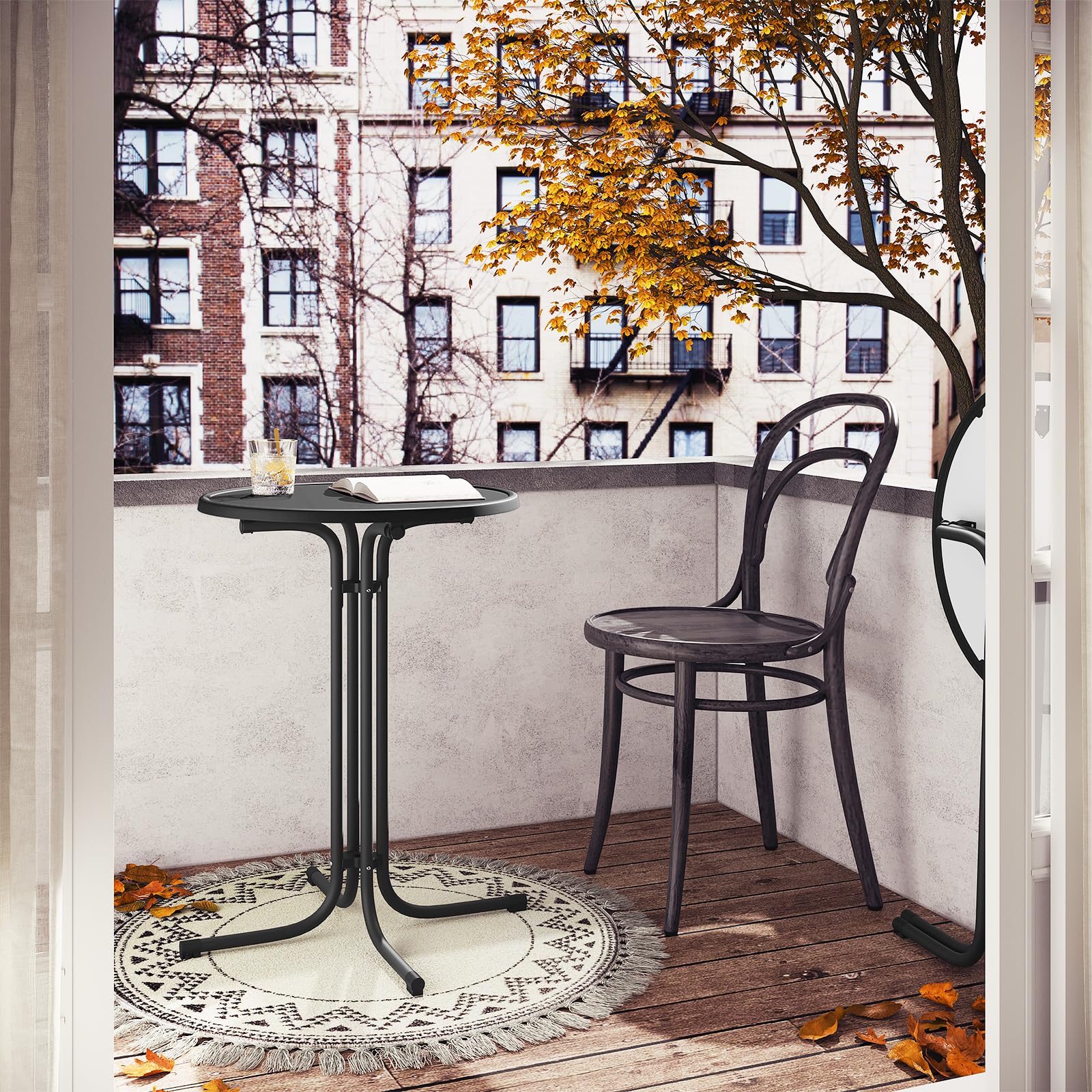 WOLTU Table de Bar Ronde et Haute, Mange Debout Extérieur à Cadre en Métal, avec Housse Élastique et Plateau Pliant en Bois d'Ingénierie, Ф80 x 110cm, Noir Mat