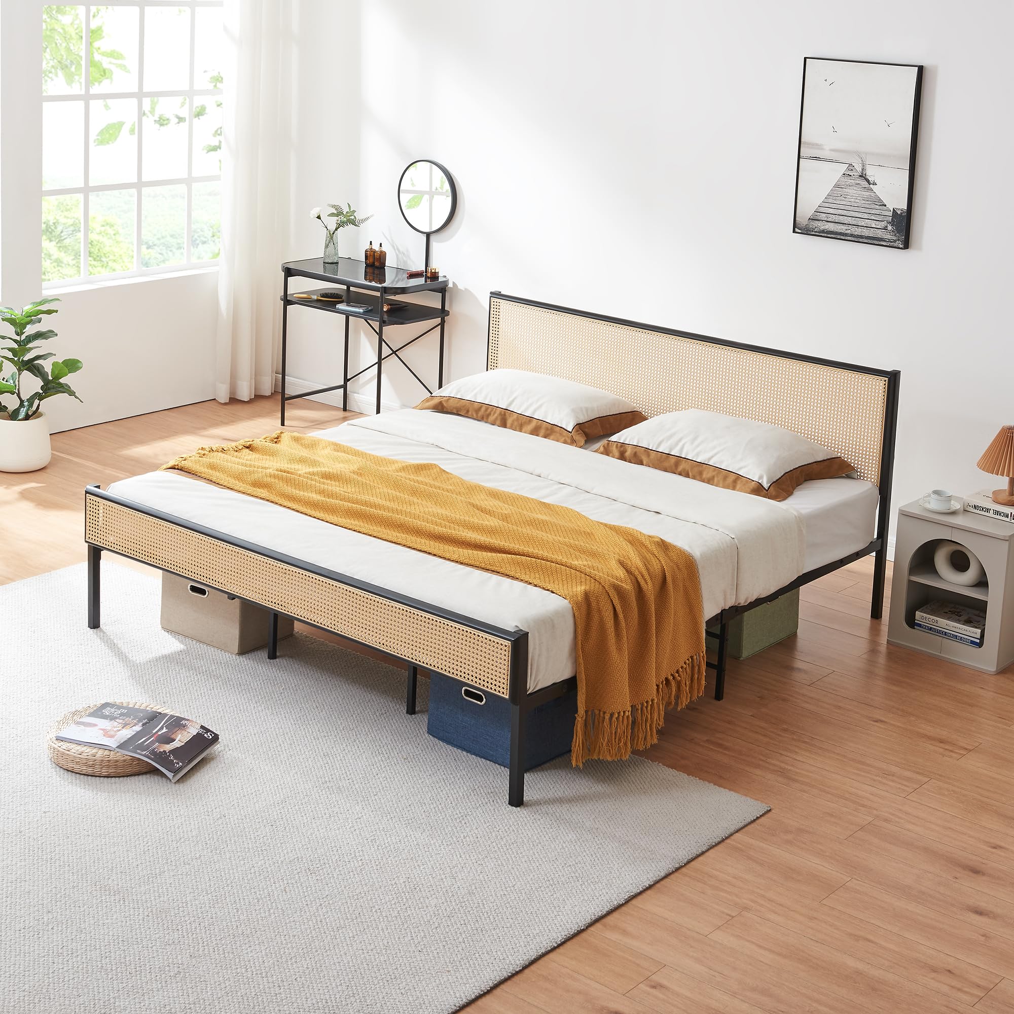 [en.casa] Bett Linköping 180 x 200 cm Bettgestell und Lattenrost Metallbett mit rechteckigem Kopfteil Doppelbett max. 300 kg Schwarz mit Rattanoptik