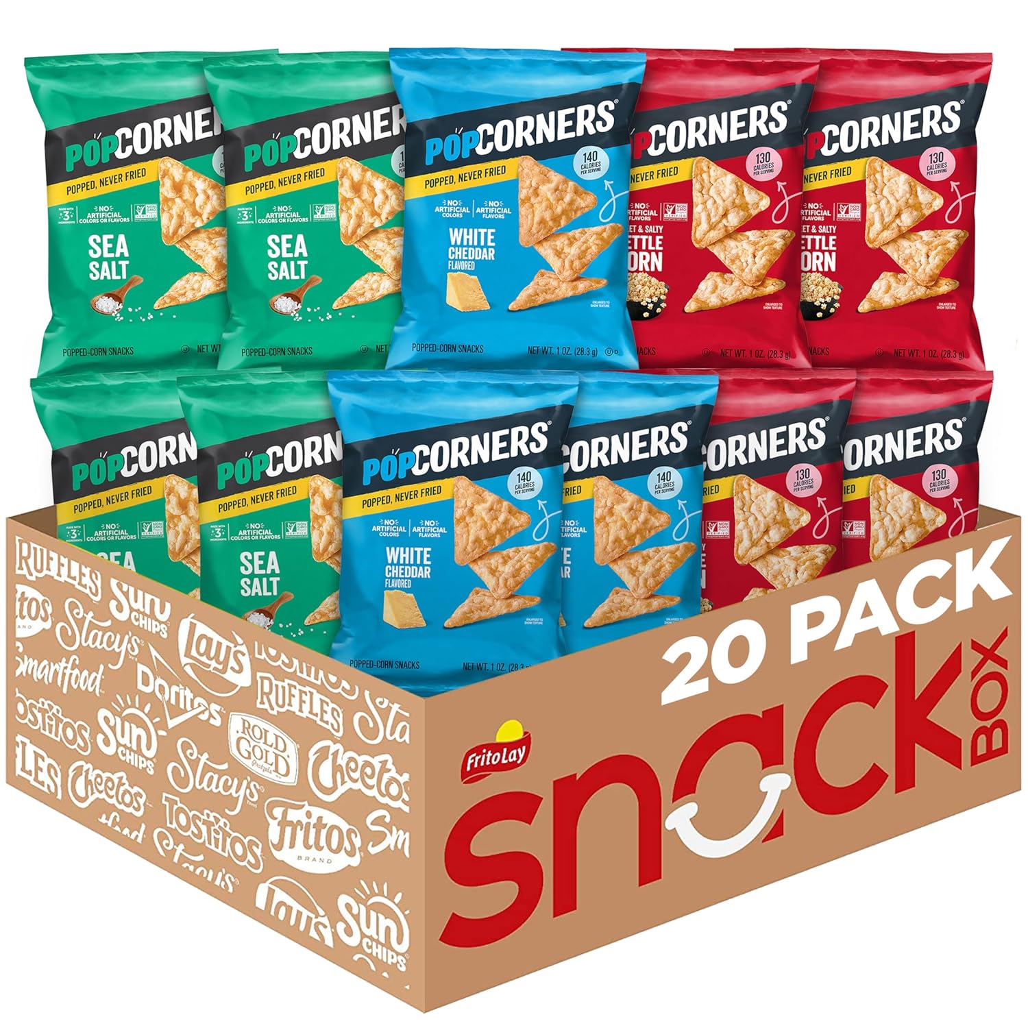 PopCorners Core 3 Flavor Variety Pack: Sea Salt, Kettle Corn, White Cheddar Popped-Corn Snacks, 20x1oz Packs, Kosher, Never Fried