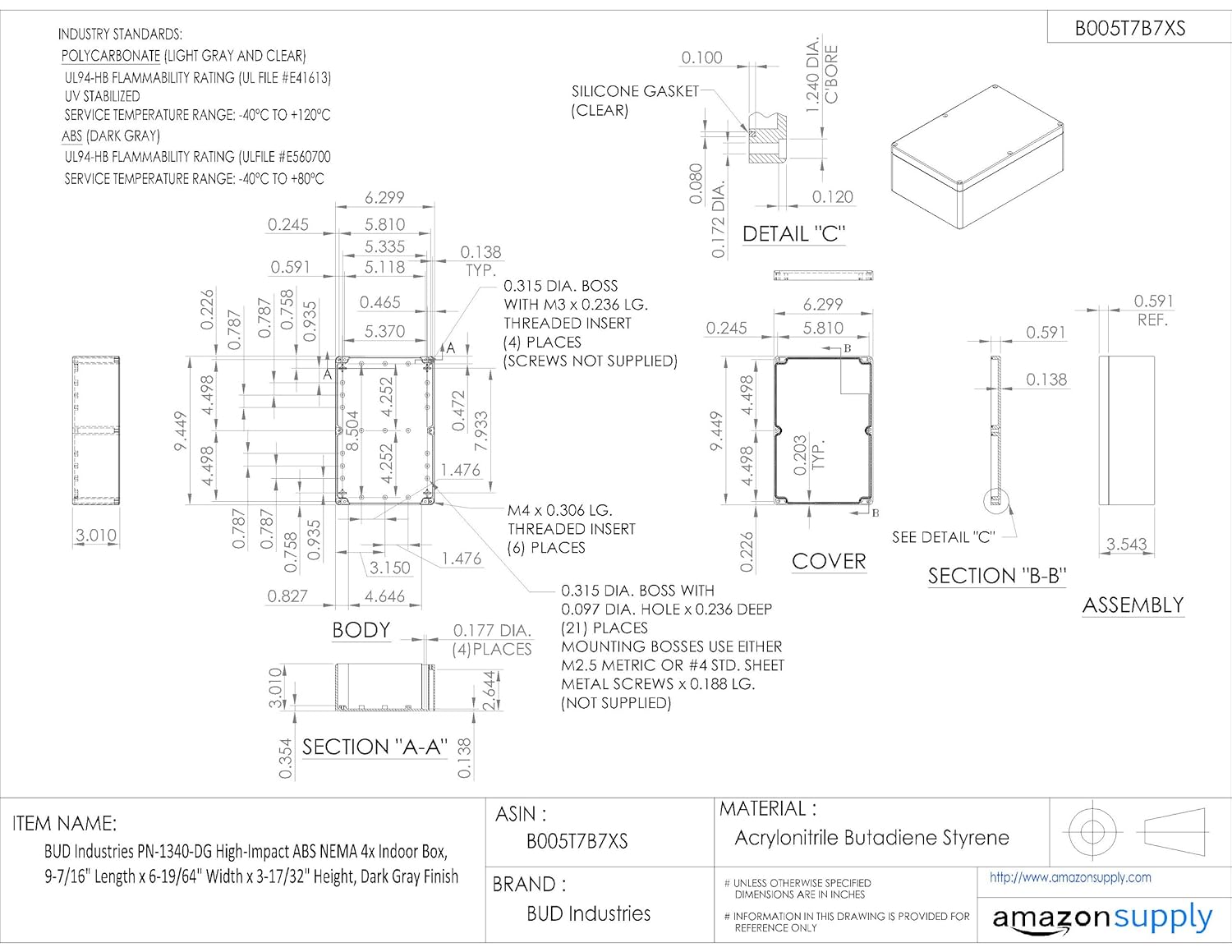 BUD Industries PN-1340-DG High-Impact ABS NEMA 4X Indoor Box 9.45" L x 6.3" W x 3.54" H, Gray