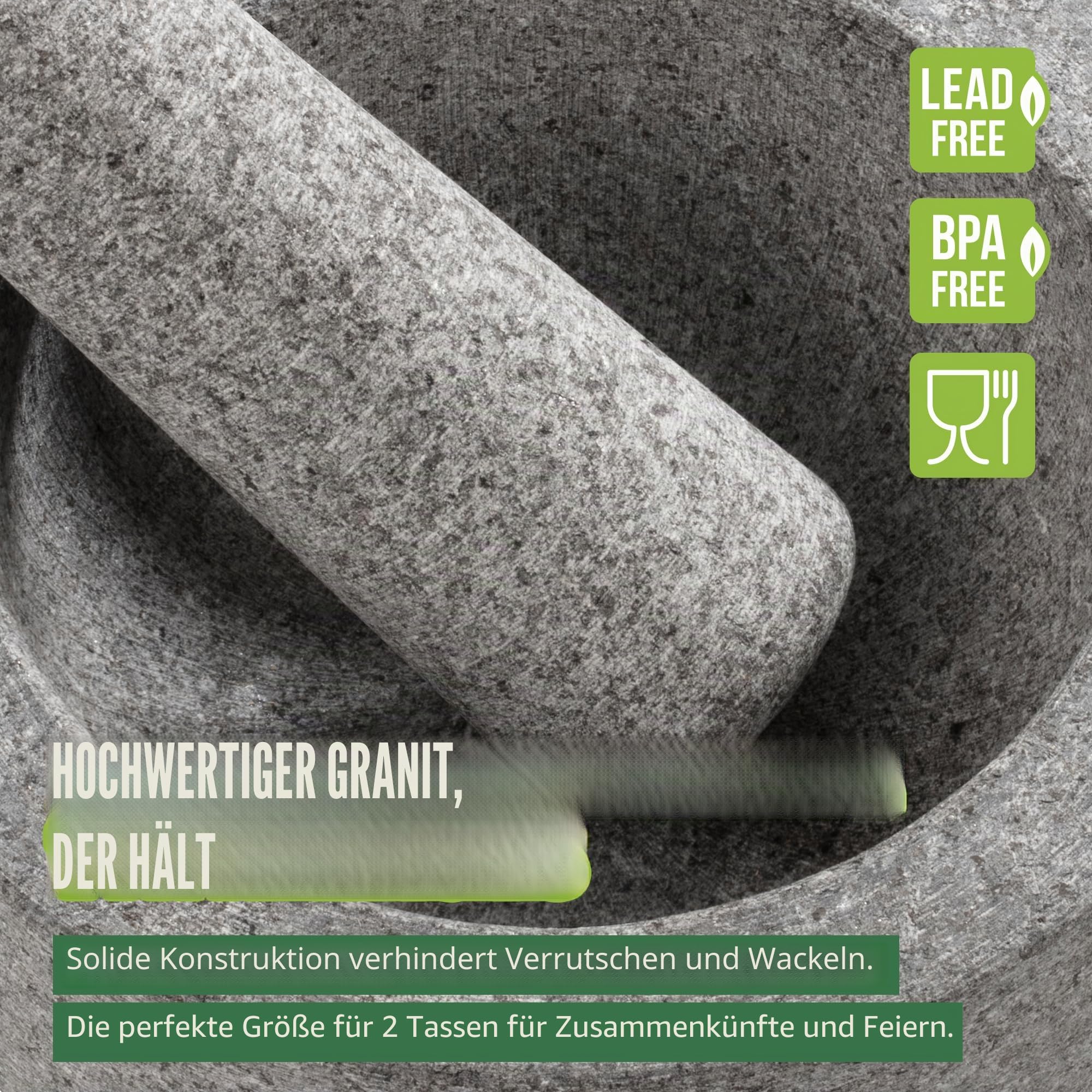Mörser – Mörser mit Stößel – Mörser mit Stößel Granit – Hochwertiger Granit Mörser - Keine Abreibung - Ø 16 cm mit 500 ml Volumen - Mortar and Pestle