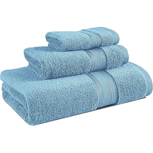 LANE LINEN Luxury Bath Towels Set - 3 Piece 100% Cotton Bathroom Towels, Quick Dry, Extra Aborbent, Super Soft Towels Set 1 Hand Towel, 1 Wash Cloths, 1 Bath Towel, Blue