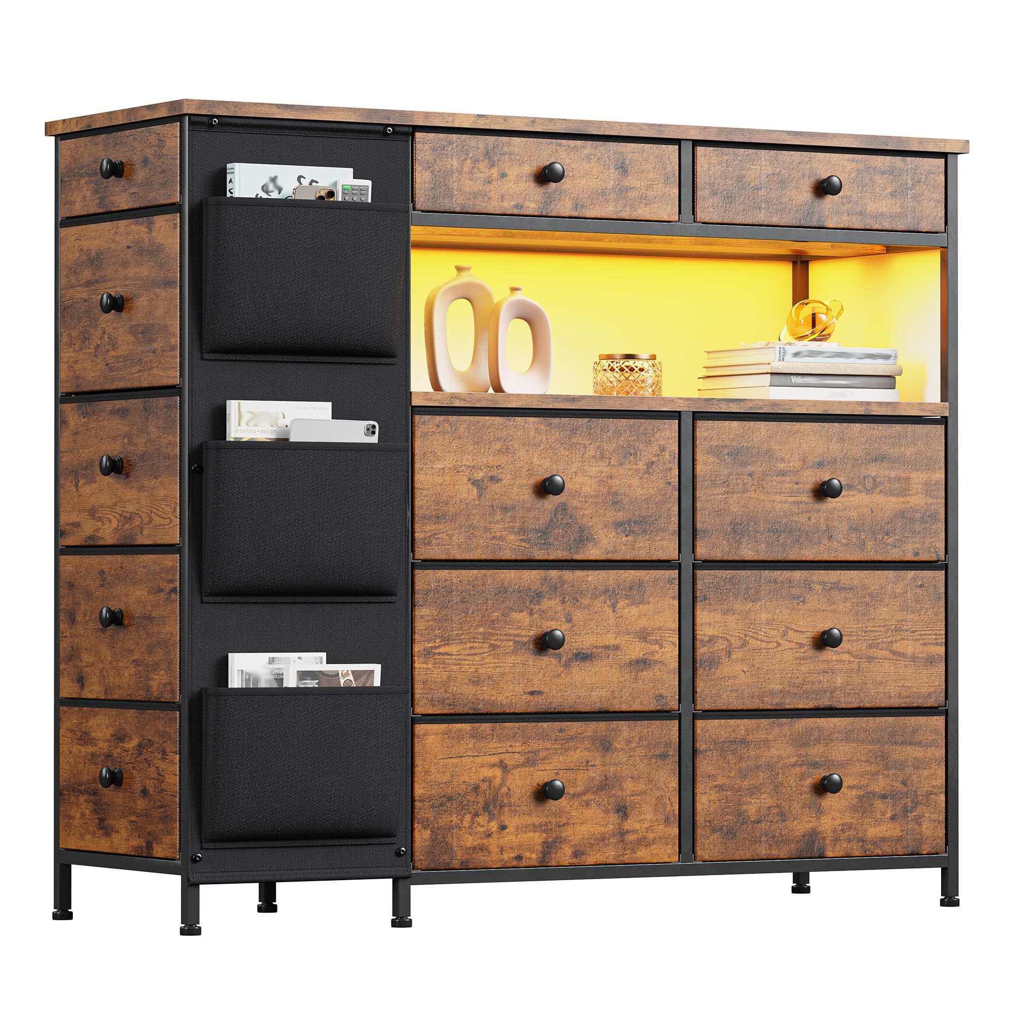 Dresser for Bedroom with 13 Drawers & LED Lights & 3 Side Pockets, Cupboard Island with 2 Open Shelves, Fabric Dressers & Chests of Drawers, Living