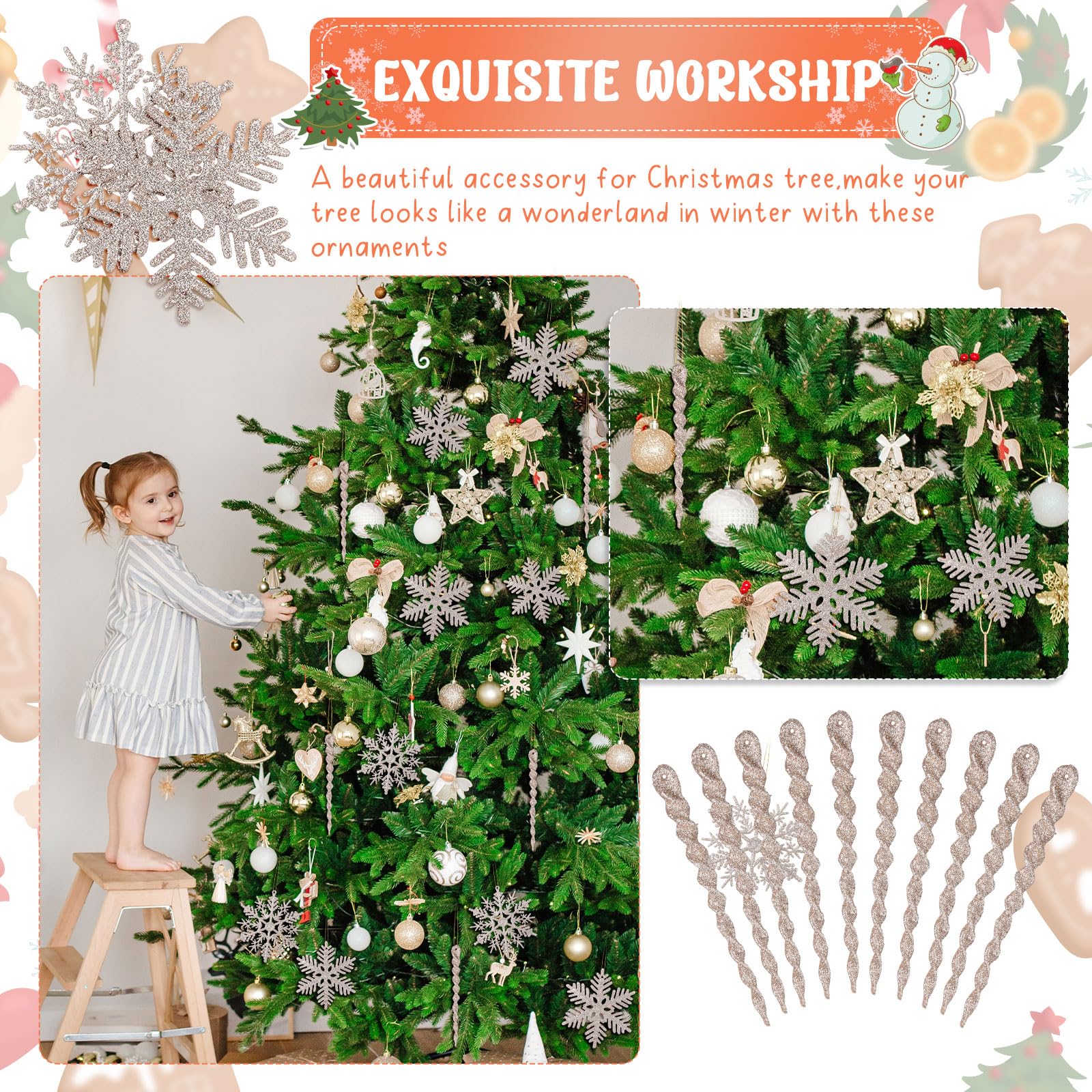 Deekin 72 Stück Schneeflocke gedrehtes Eiszapfen Ornament Set Glitzer Weihnachtsbaum Schneeflocke Spiralstreifen Behänge für Urlaub Party Hochzeit Dekorationen Winter Weihnachten Weihnachtsbaum