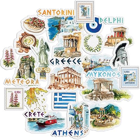 Navy Peony Idyllic Greece Travel Stickers (29 Pieces) - Watercolor, Waterproof, Country...