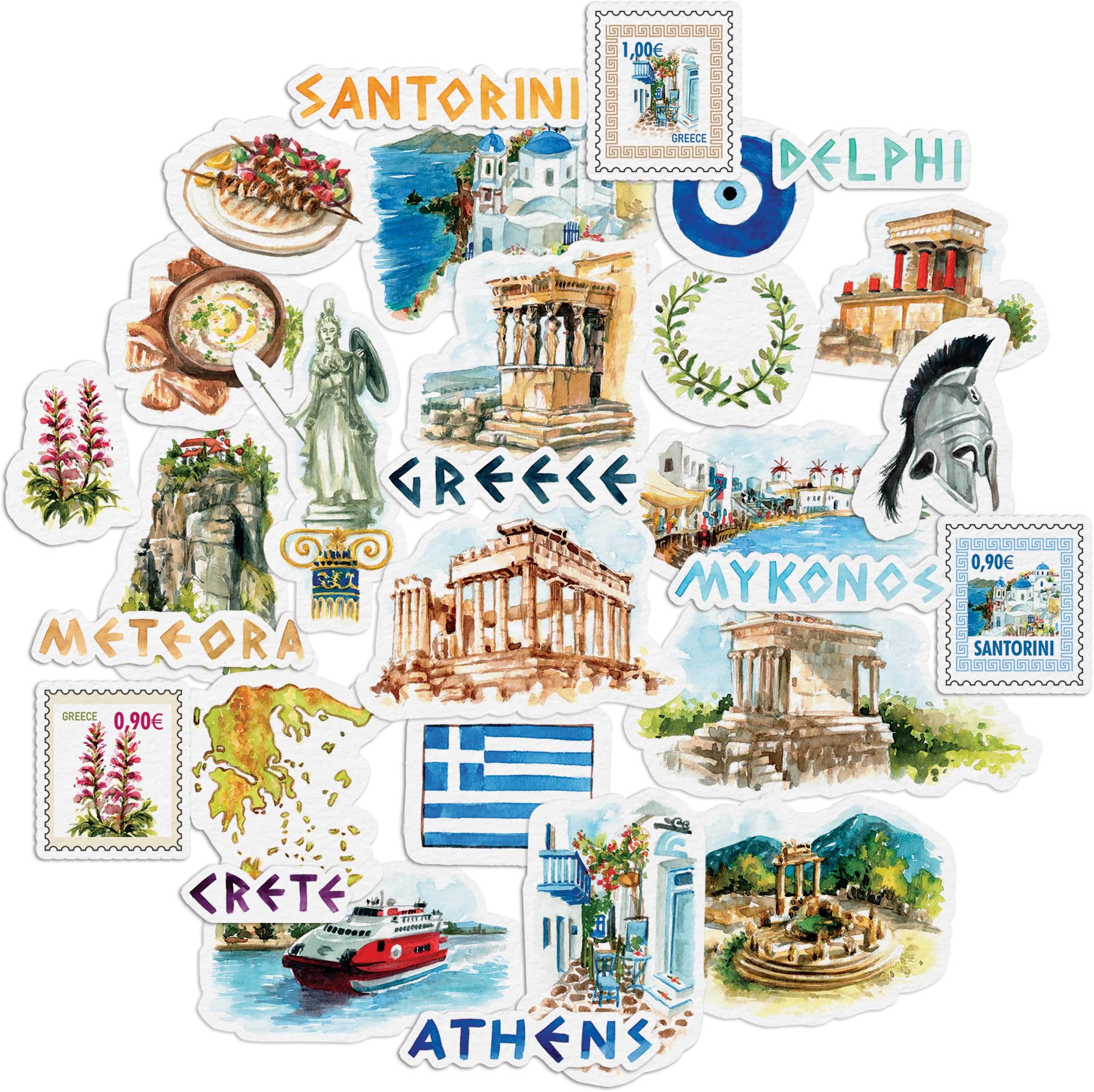 Idyllic Greece Travel Stickers (29 Pieces) - Watercolor, Waterproof, Country Themed | Iconic Vacation Decals for Journals, Scrapbooks, Water Bottles, Suitcase
