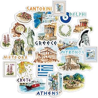 Navy Peony Idyllic Greece Travel Stickers (29 Pieces) - Watercolor, Waterproof, Country Themed | Iconic Vacation Decals for Journals, Scrapbooks, Water Bottles, Suitcase