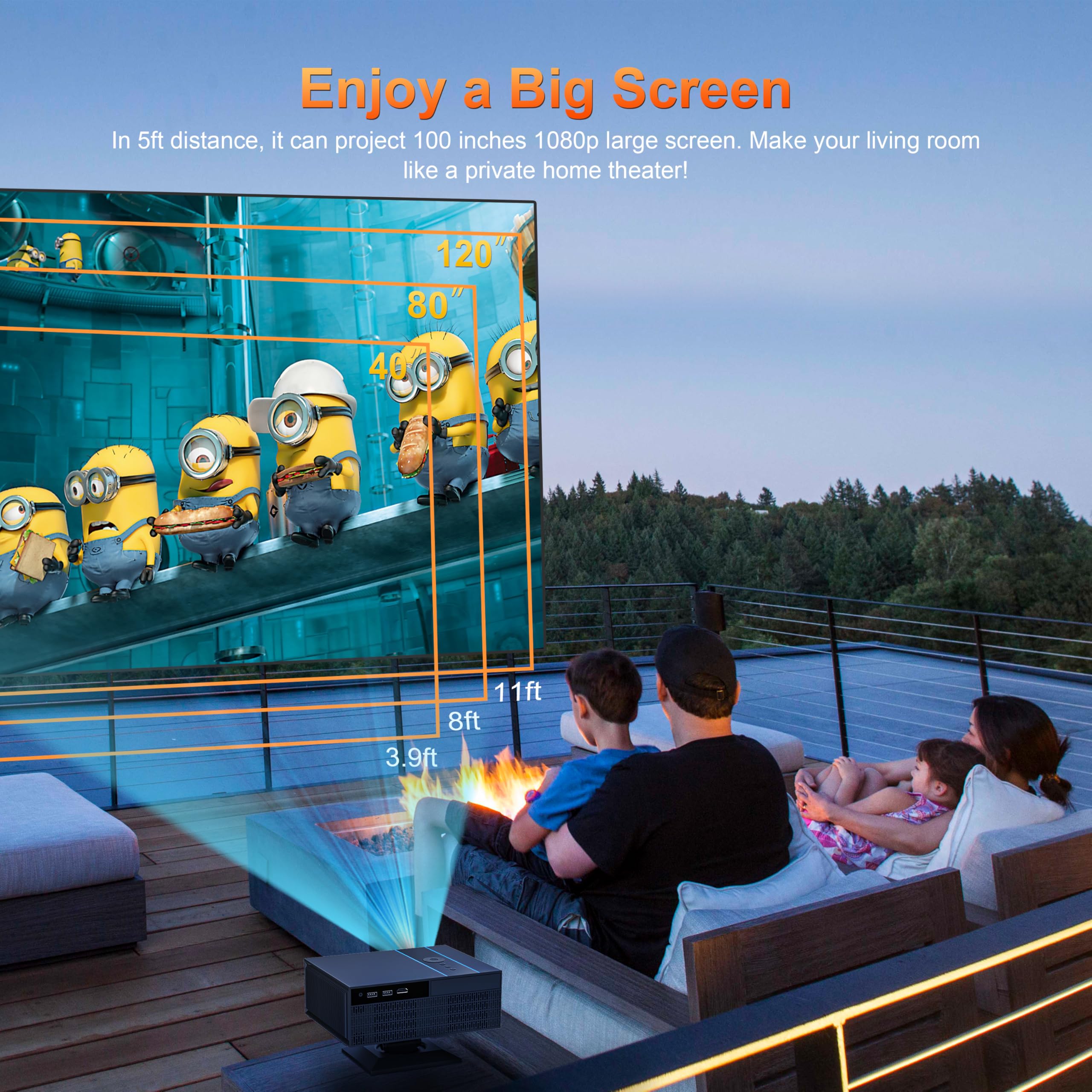 Automatyczne ustawianie ostrości: inteligentny projektor z WiFi i Bluetooth, zoomem i keystone, przenośny projektor filmowy 1080p z regulowaną podstawką 360°, obsługa 4K do kina domowego, sypialni