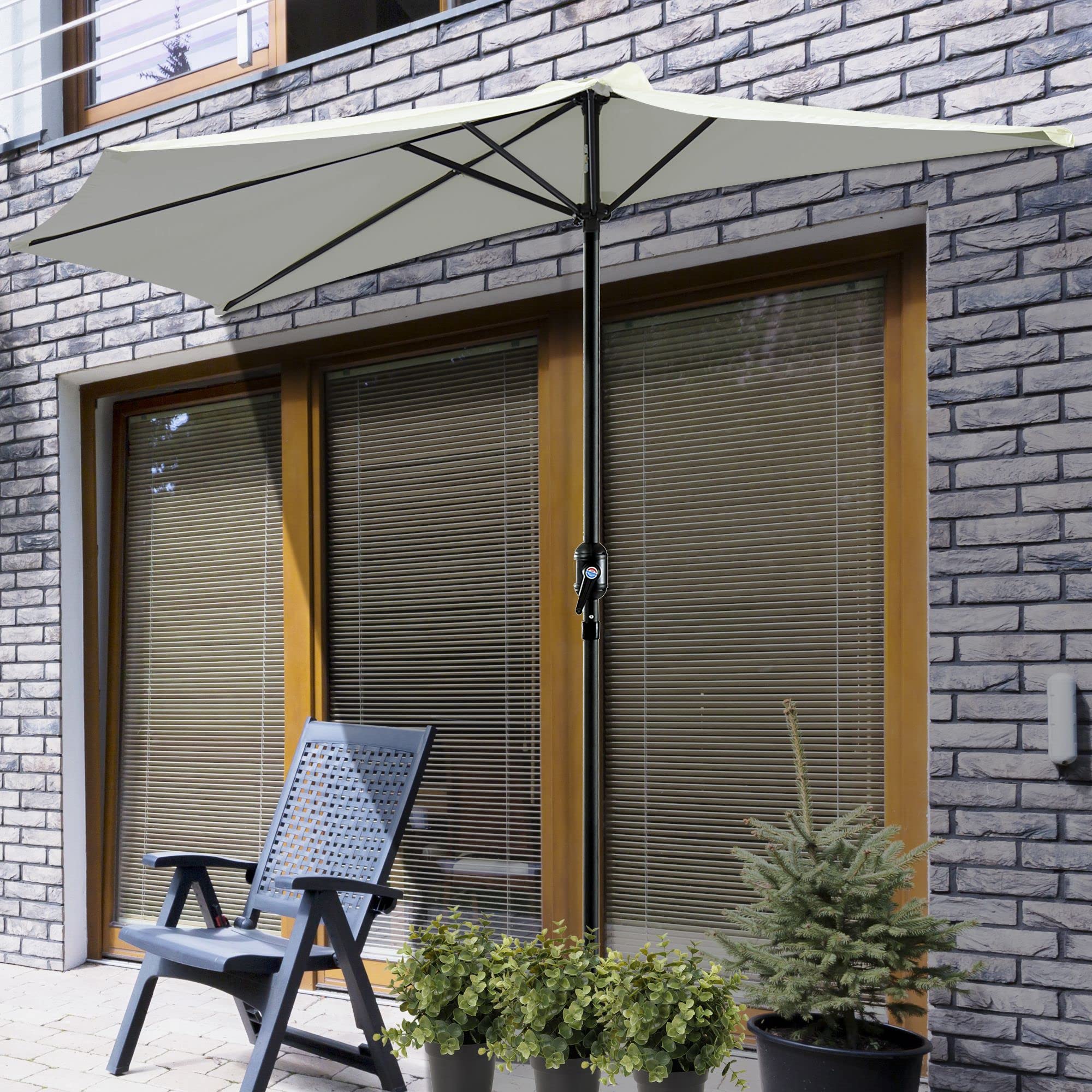 Outsunny Sombrilla 269x138x236 cm Parasol de Jardín con Manivela y Forma Semicircular Tela Poliéster 180 g/m² para Exterior Terraza Patio Piscina Crema