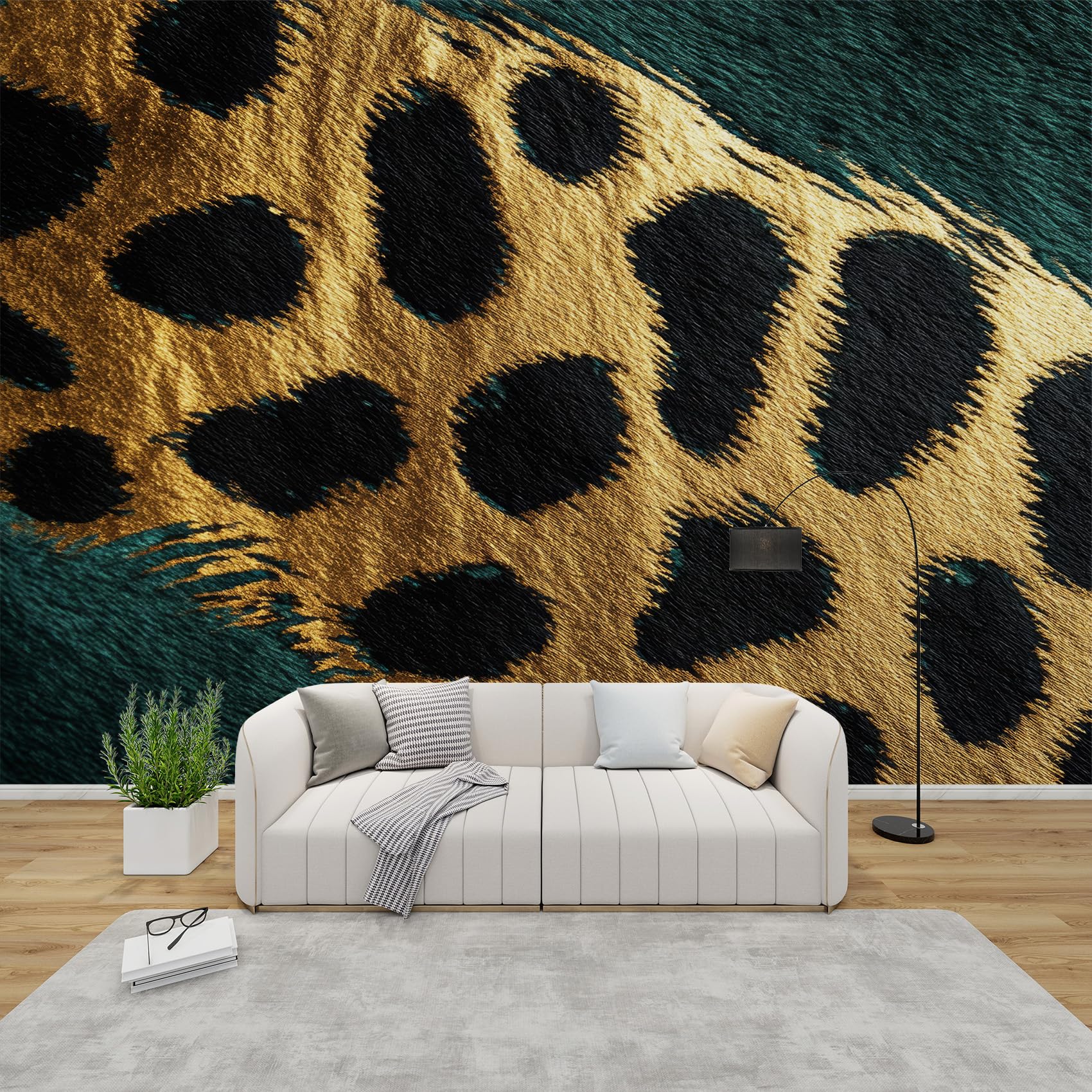QEODAH Leopard Print Wallpaper for Living Room, Emerald Green Gold Wall Art for Bedroom, Cheetah Wall Murals for Bedrooms, Renter Friendly Removable Waterproof Non-Woven Photo Wallpaper 3D, 100x70 cm