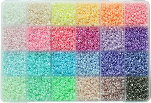 Size 8/0 Seed Beads 24 Colors About 7200pcs in Box, 3mm Ceylon Color Glass Seed Beads for Making Jewelry Bracelet Earing Necklace