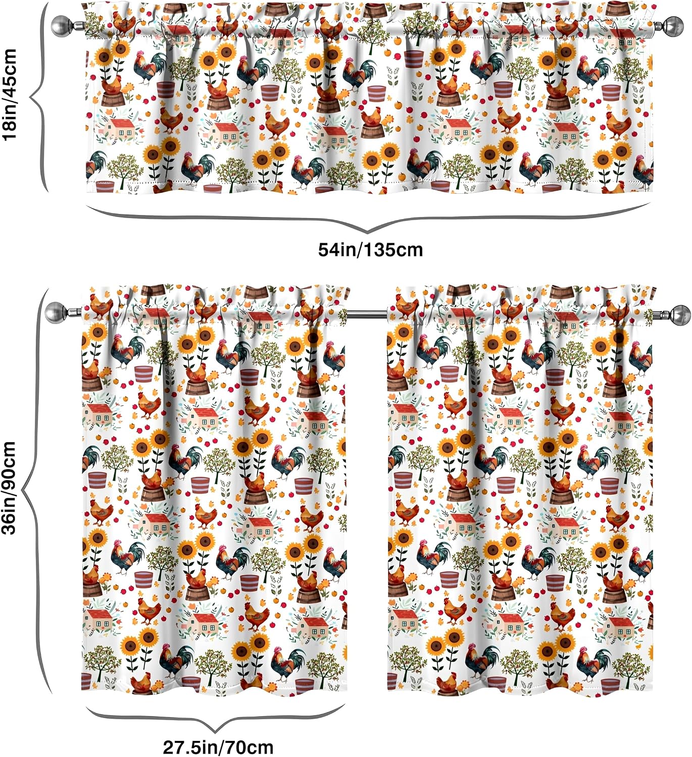 3 Piece Chicken Kitchen Curtains and Valances Set for Windows Rooster Kitchen Window Curtains Over Sink Decor 27.5x36 in