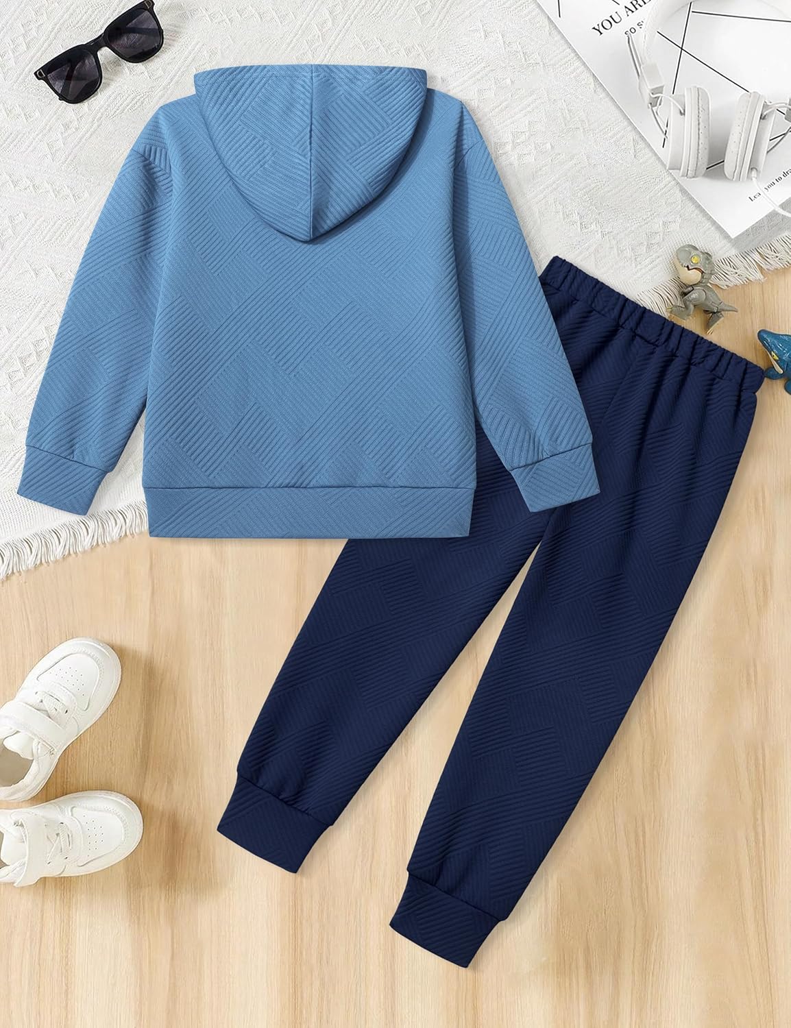 Boys Clothes Ribbed Solid Long Sleeve Hoodie Sweatshirt and Sweatpants 2Pcs Fall Winter Outfits for 6-14 Years