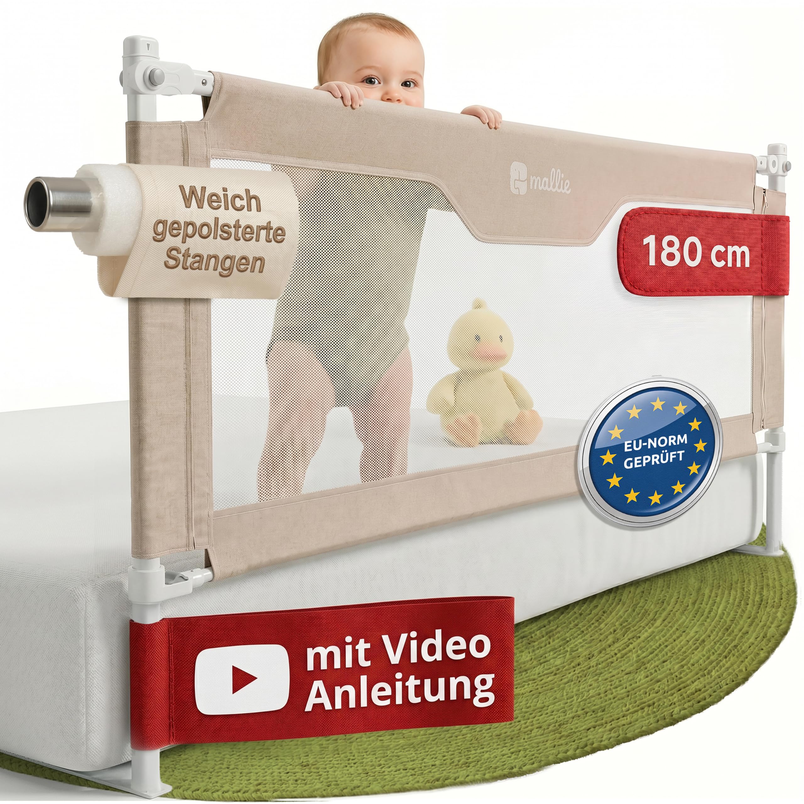 Mallie® Rausfallschutz Bett 180 cm Beige | Bettgitter für eine Seite, höhenverstellbar & lückenlos ohne Spalt | Bettschutzgitter für Kinder & Elternbetten