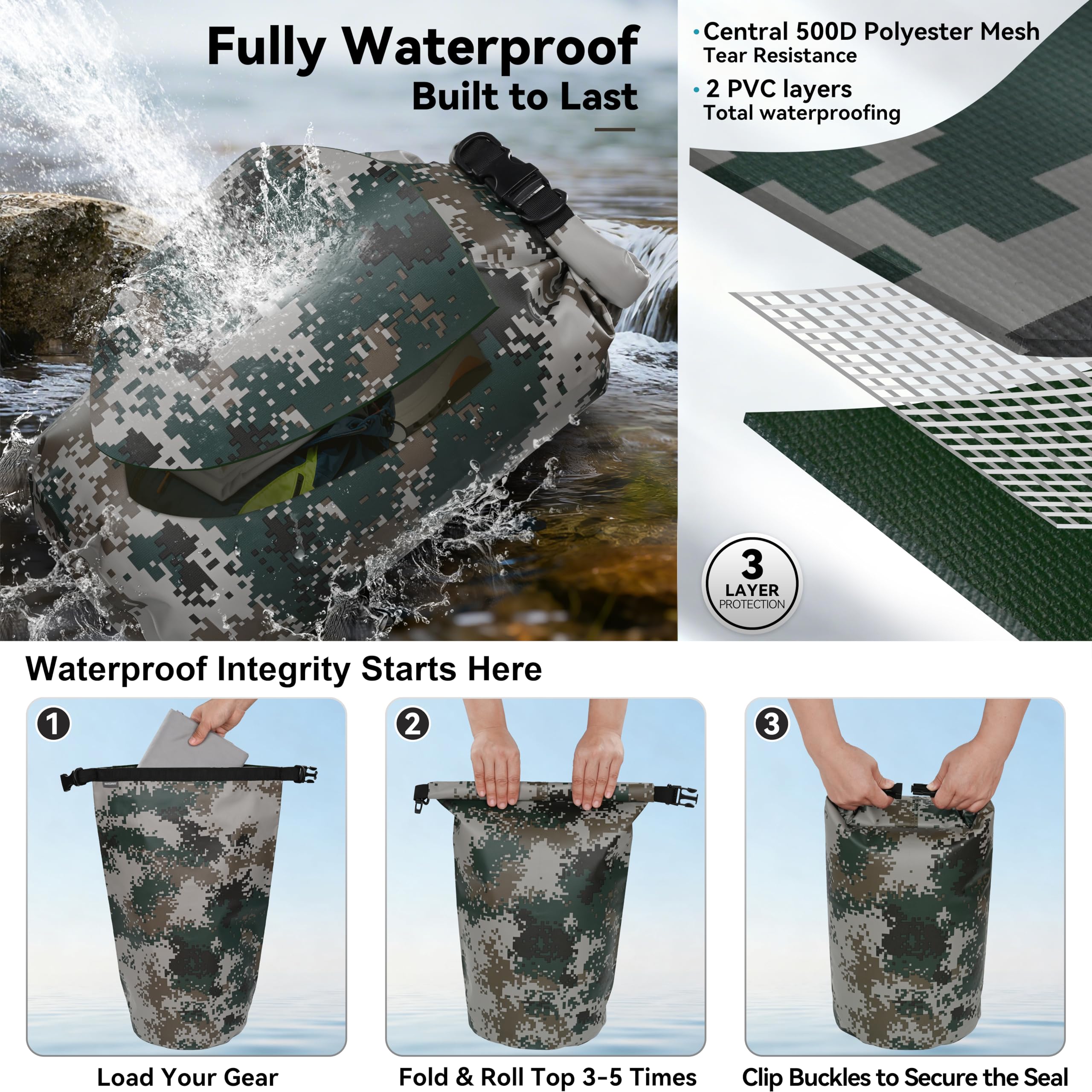 MARCHWAY Zaino impermeabile galleggiante da 5 l/10 l/20 l/30 l/40 l, con parte superiore arrotolabile, mantiene l'attrezzatura asciutta per kayak, rafting, canottaggio, nuoto, campeggio, escursionismo