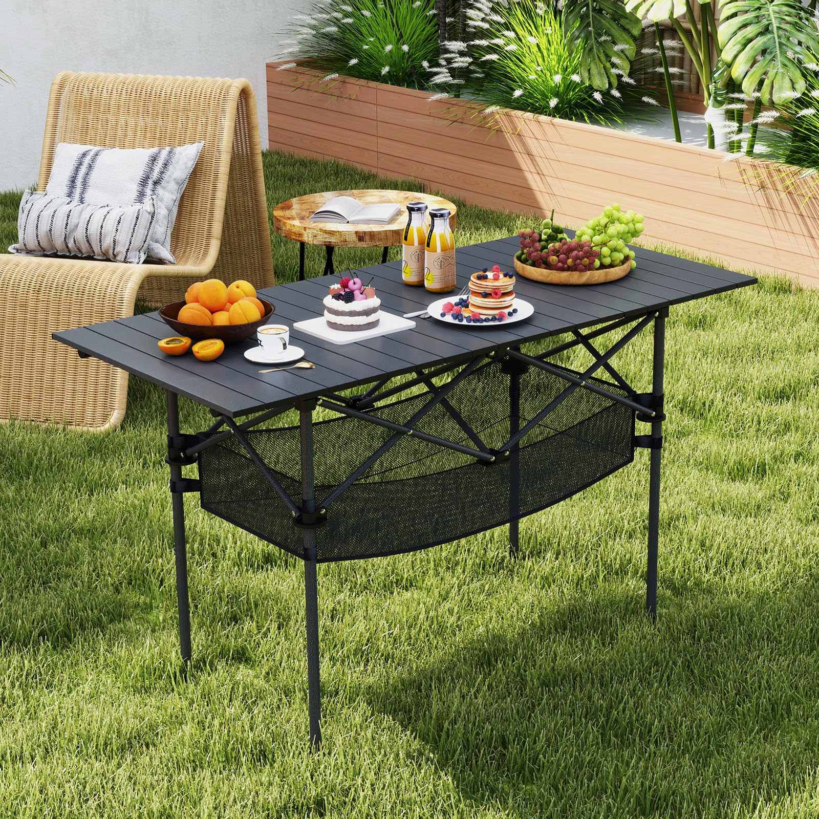COSTWAY Tavolo da Campeggio Pieghevole in Alluminio, Portatile con Cestello in Rete e Borsa, Portata 100kg per Giardino Spiaggia Pesca (Nero)