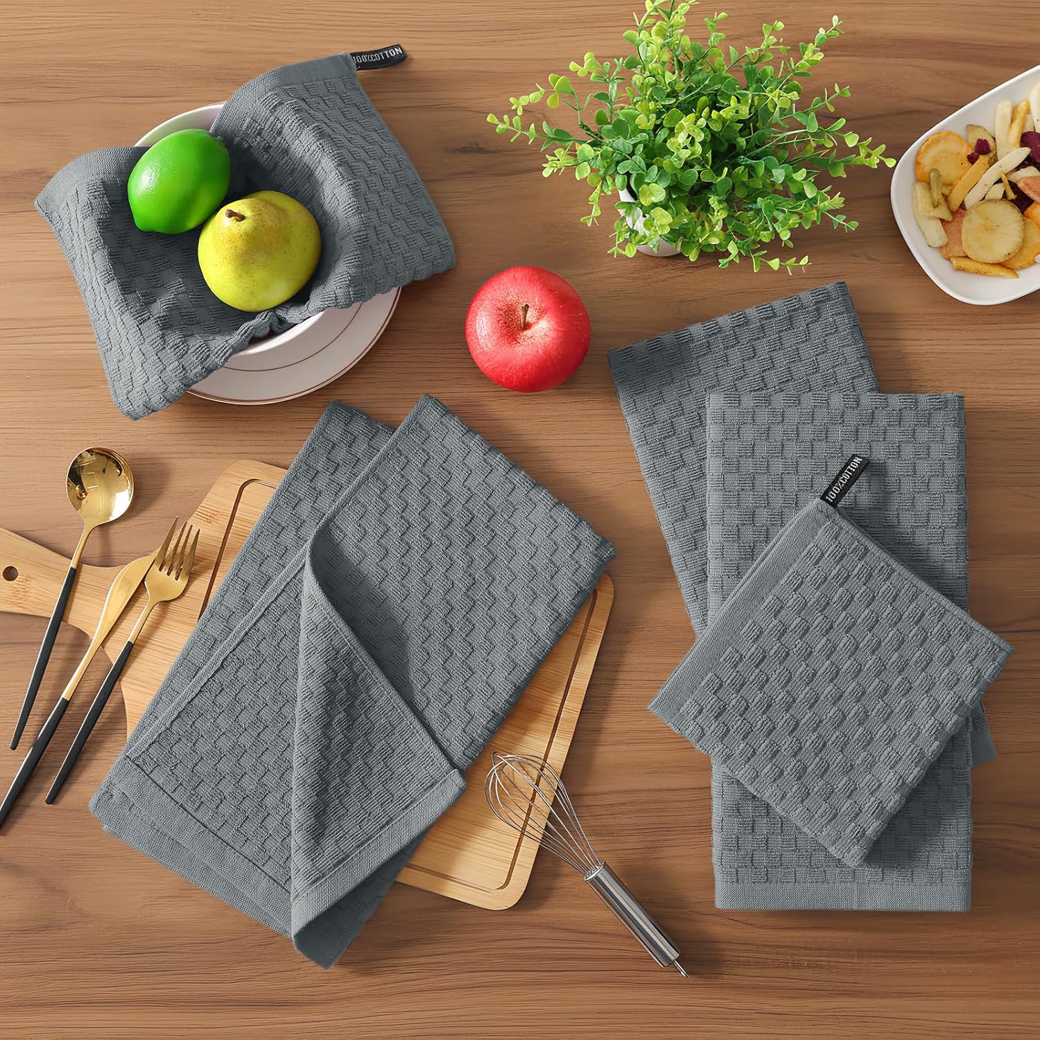 Homaxy 100% Cotton Terry Kitchen Towels(15" x 25", 6 Pack), Soft and Super Absorbent Dish Towels, 380 GSM Reusable Tea Towel with Hanging Loop, Pineapple Grid Designed, Dark Grey - Image 6