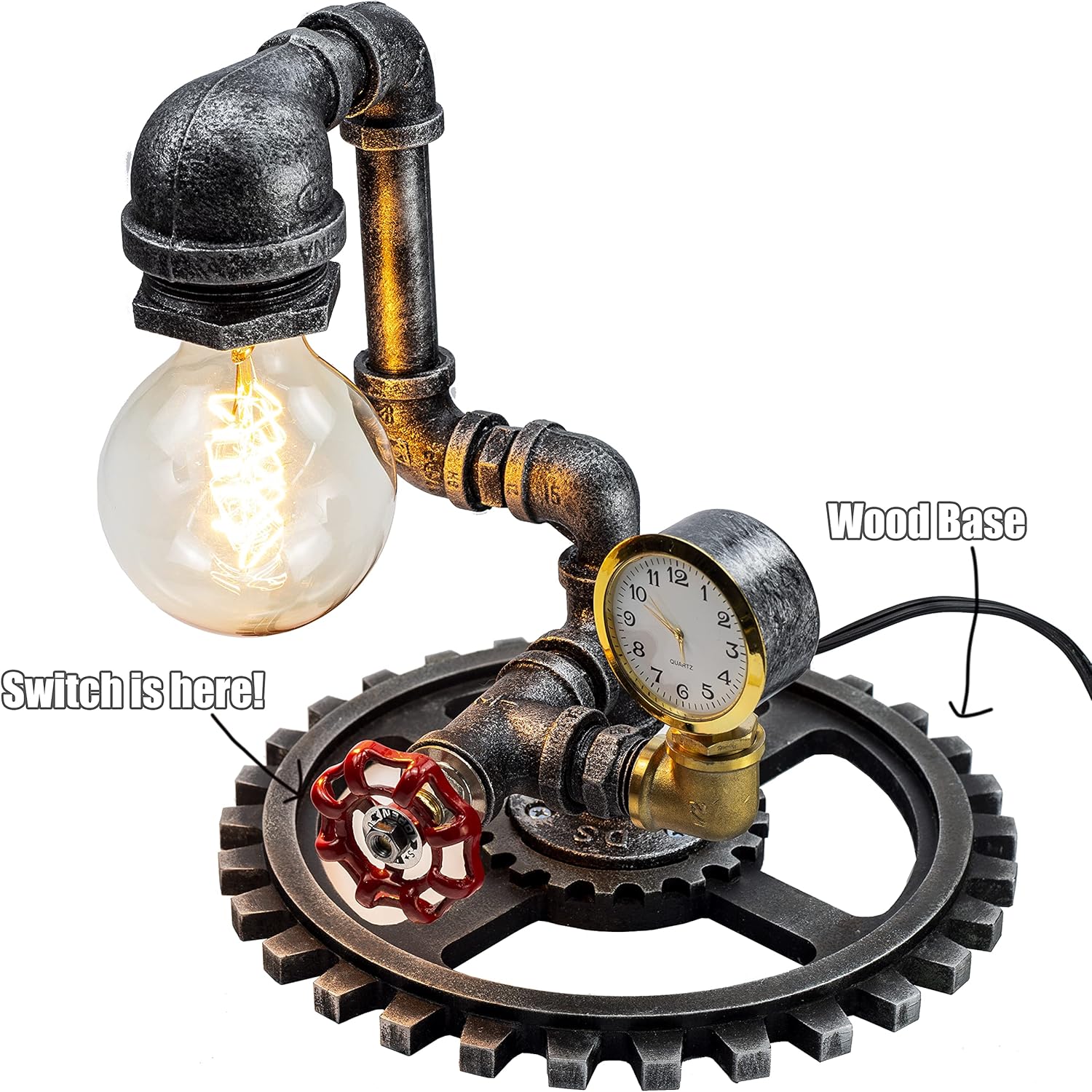Loft Style Vintage Metal Dimmable Table Lamp with Wood Base, Sam, Steampunk Industrial, Night Light, Desk Light, QTF-SJ01