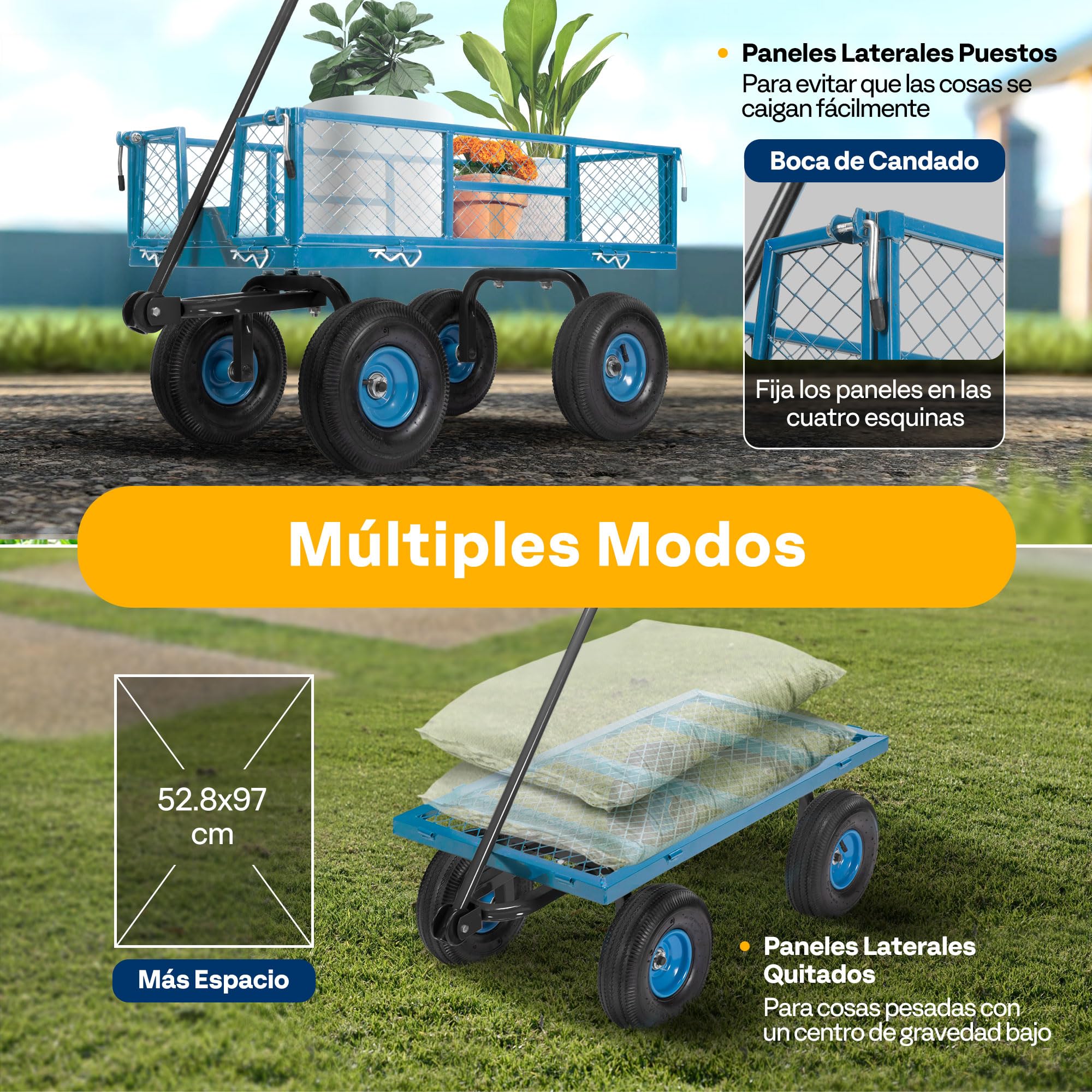 VIVOHOME Carro de Jardín hasta 400kg con Ruedas Neumáticas Grandes Laterales Desmontables, Carretilla de Mano Transporte con Manija Giratoria de 180° para Compra Camping Festival Azul