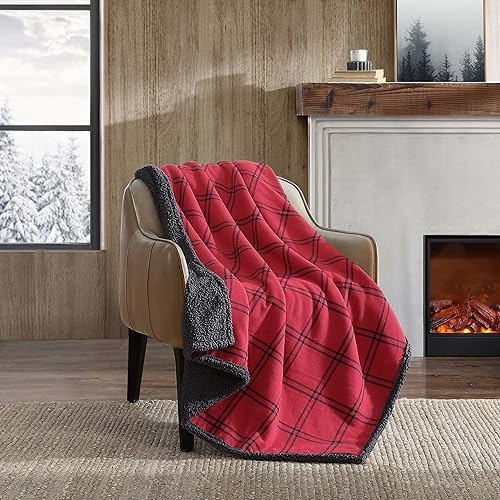 Eddie Bauer - Throw Blanket, Cotton Flannel Home Decor, All Season Reversible Sherpa Bedding (Kettle Falls Red/Black, Throw)