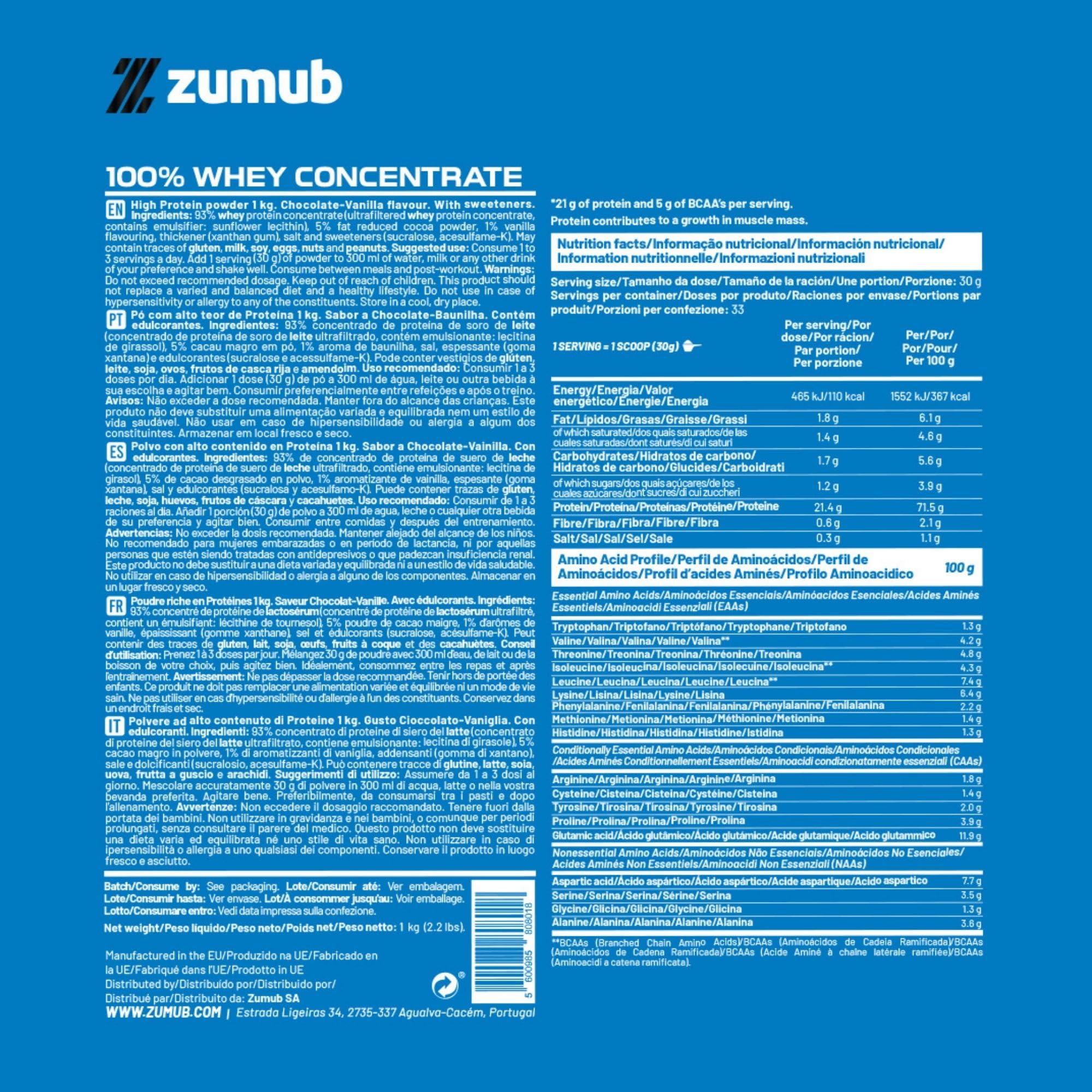 Zumub 100% Whey Concentrate en Polvo, 1kg, Chocolate y Vainilla, 33 dosis