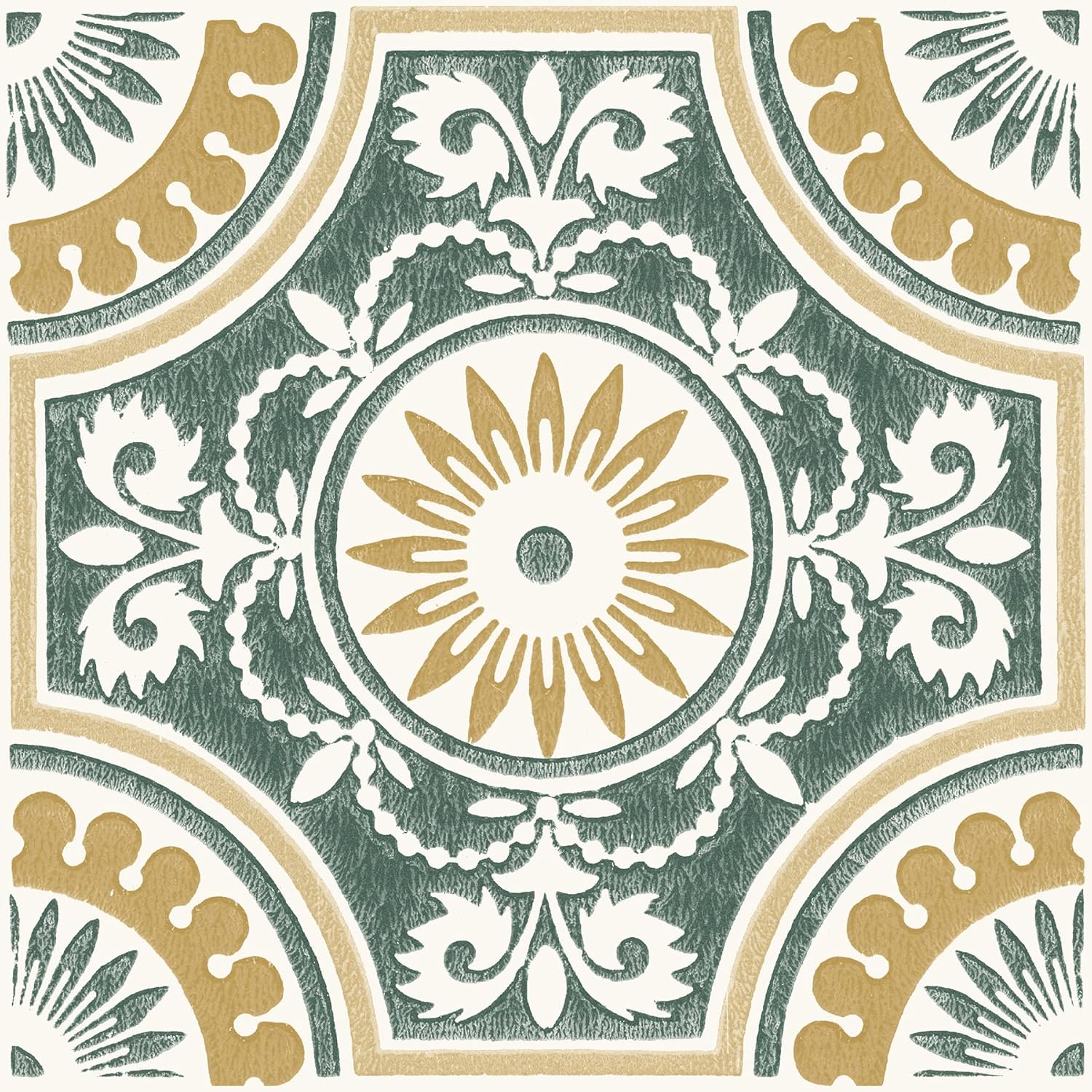 FloorPops Yellow Ezra Peel & Stick Vinyl Floor Tiles - Retro Green Floral Medallions, 12x12 in, 10 Tiles, 10 sq ft Coverage