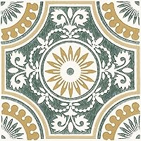 FloorPops Yellow Ezra Peel & Stick Vinyl Floor Tiles - Retro Green Floral Medallions, 12x12 in, 10 Tiles, 10 sq ft Coverage