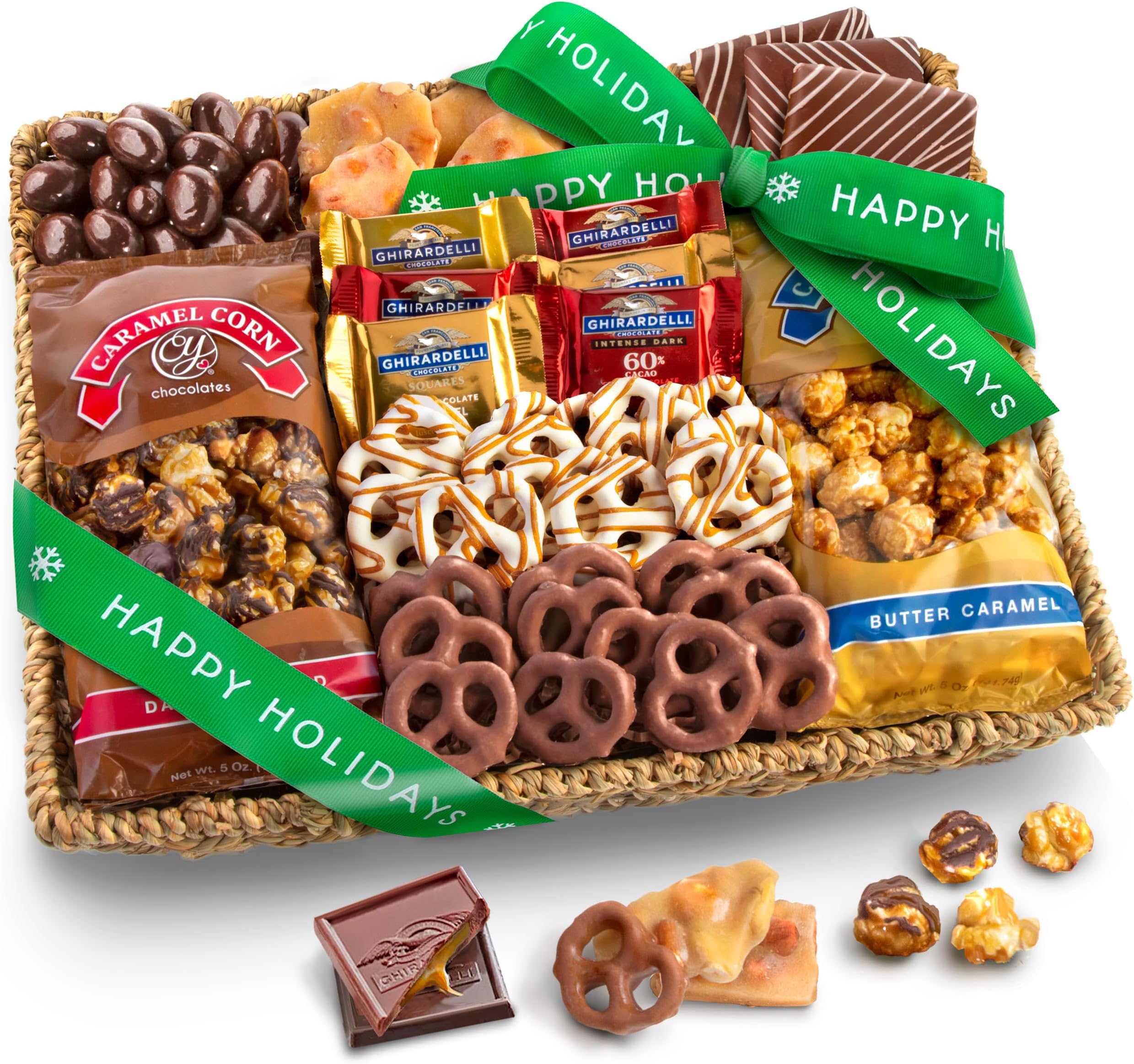 A Gift Inside Happy Holidays Chocolate Caramel and Crunch Grand Basket