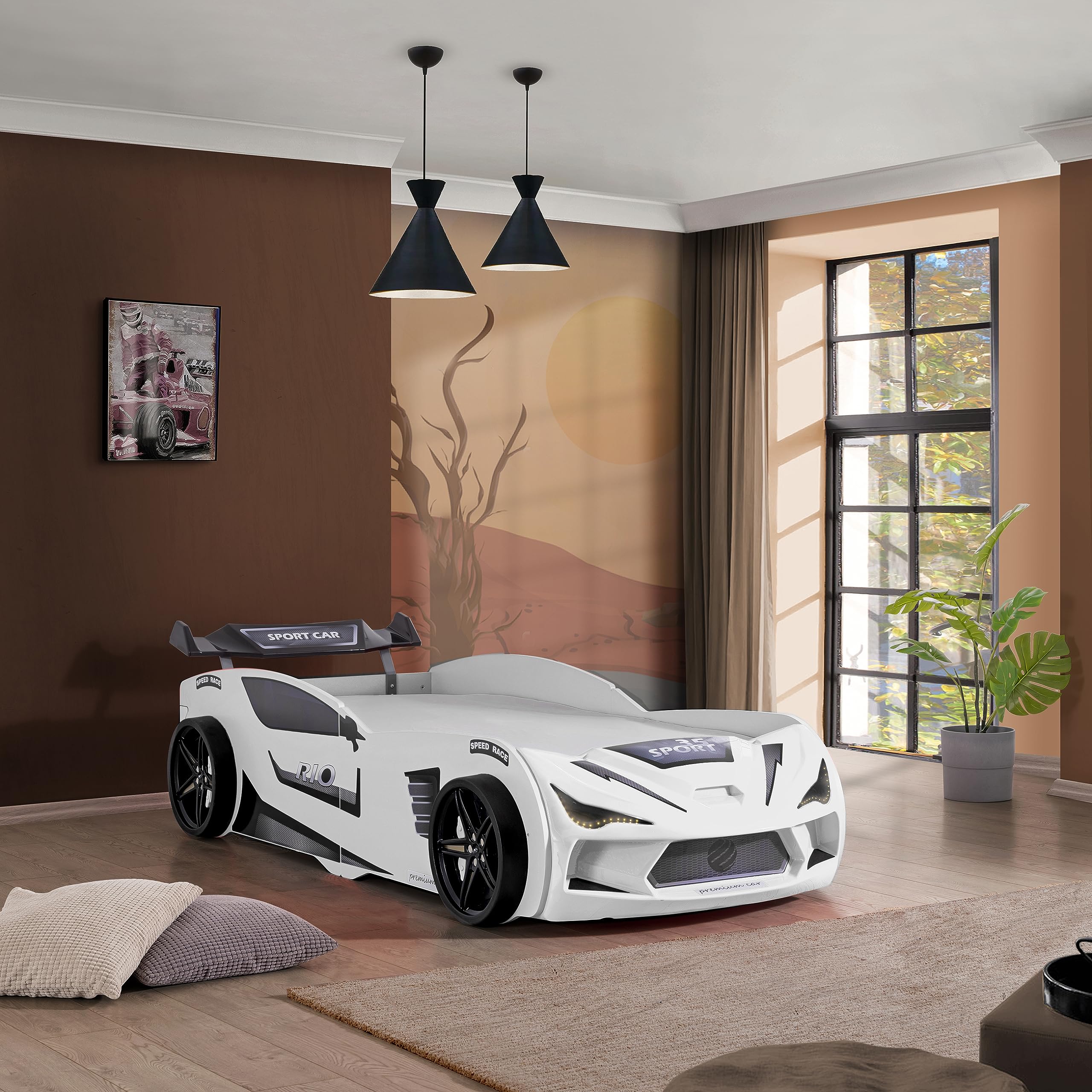 Autobett Kinder Kinderbett Rio 90x200 Rennwagenbett inkl. Lattenrost LED-Leuchte Spoiler (ohne Matratze, Weiß ohne Sportsitze)
