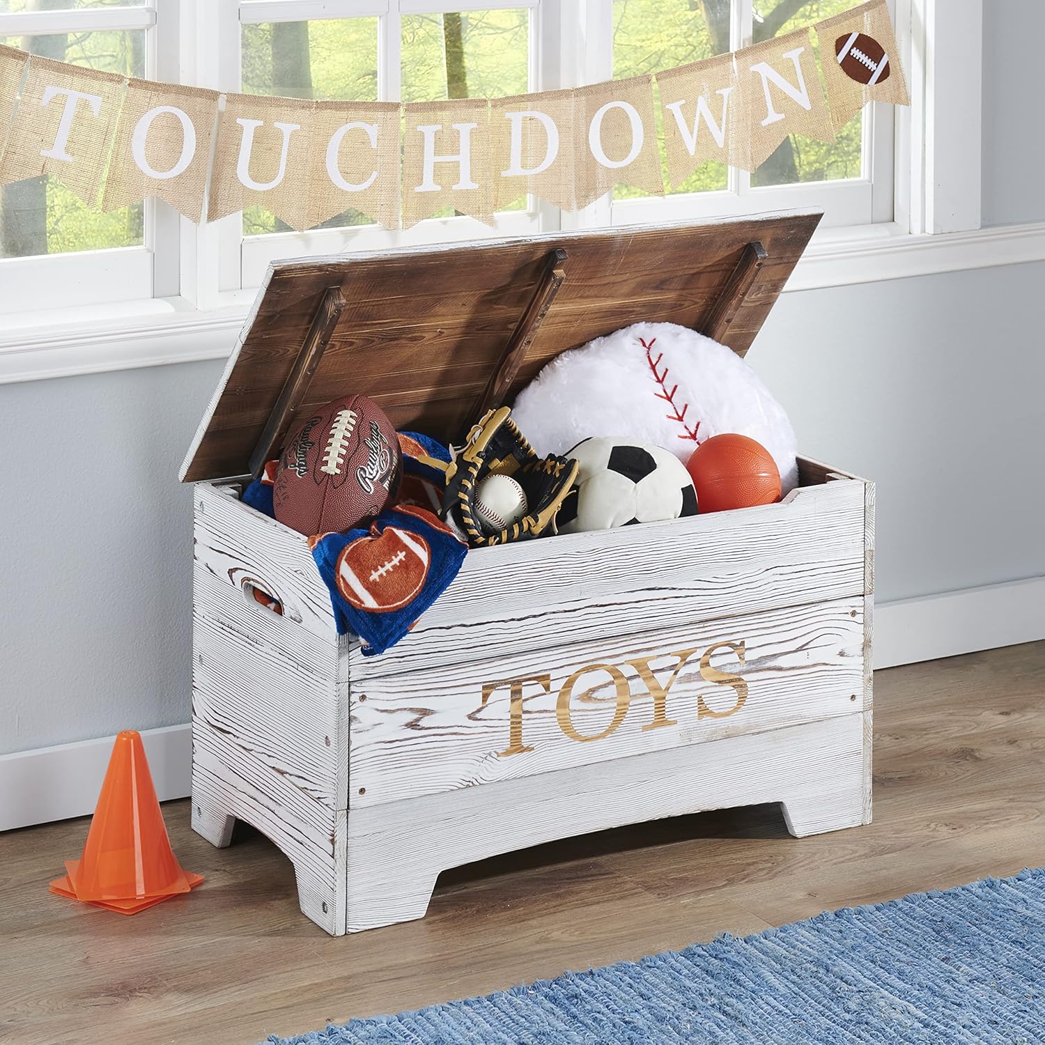 Badger Basket Farmhouse Solid Wood Toy Box - Rustic Storage Chest with Reversible “TOYS” Panel, Safety Hinge, and Vintage Distressed Finish - Kids’ Organizer - Distressed White
