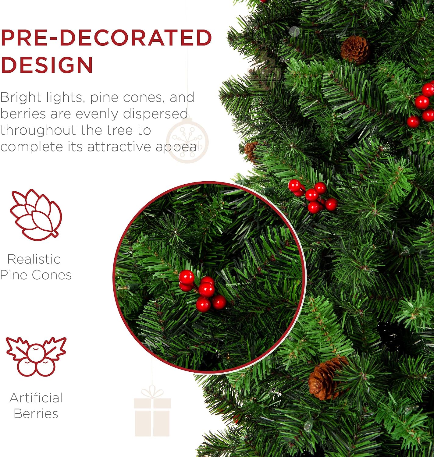 Best Choice Products 7.5ft Pre-Decorated Pine Hinged Artificial Slim Christmas Pencil Tree w/ 1,057 Tips, 46 Pine Cones, 50 Berries, Metal Base