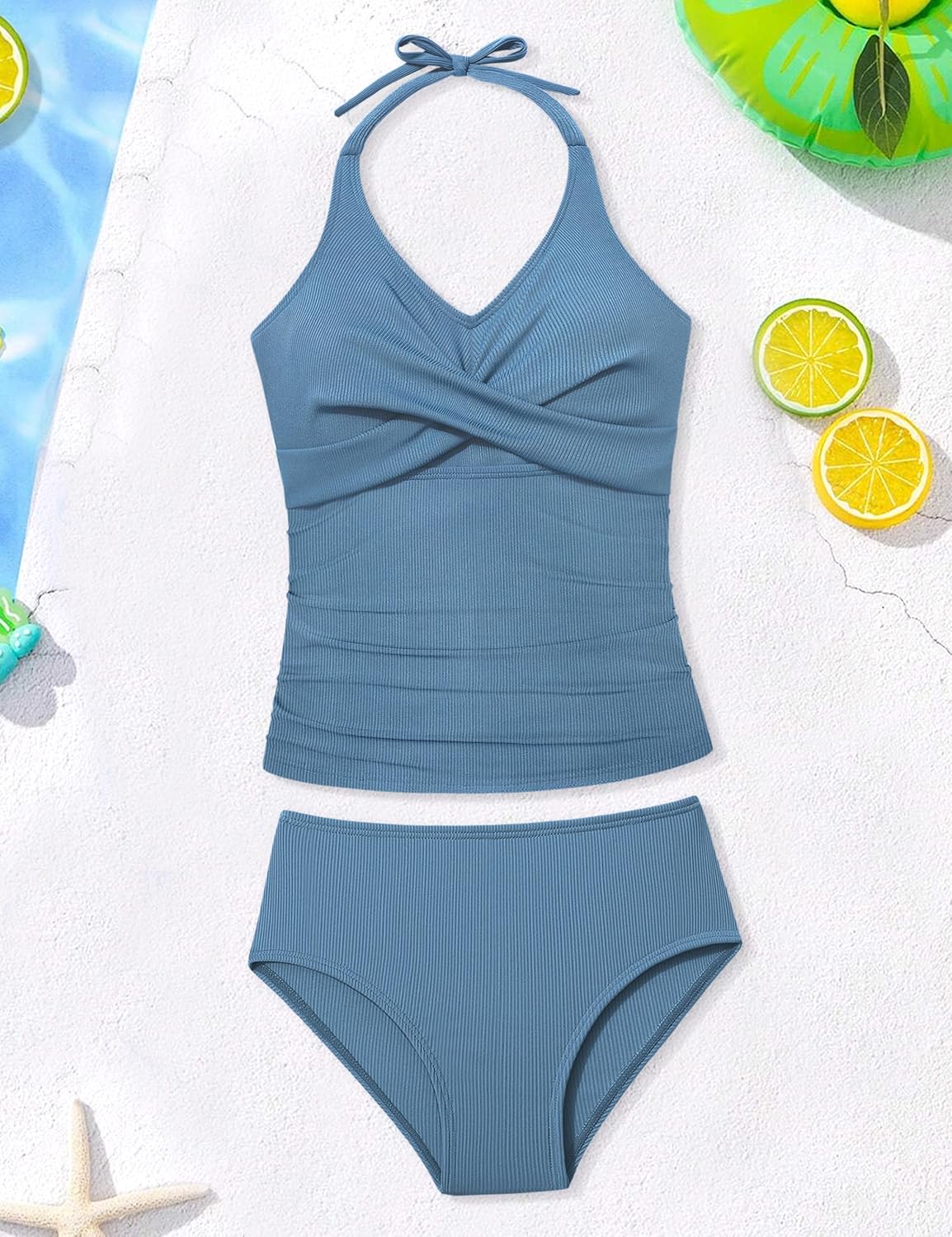 Girls Swimsuits 2 Piece Halterneck Bathing Suit Criss Cross Ruched Printed Tankini Swimwear Set for 9-16 Years - Image 7