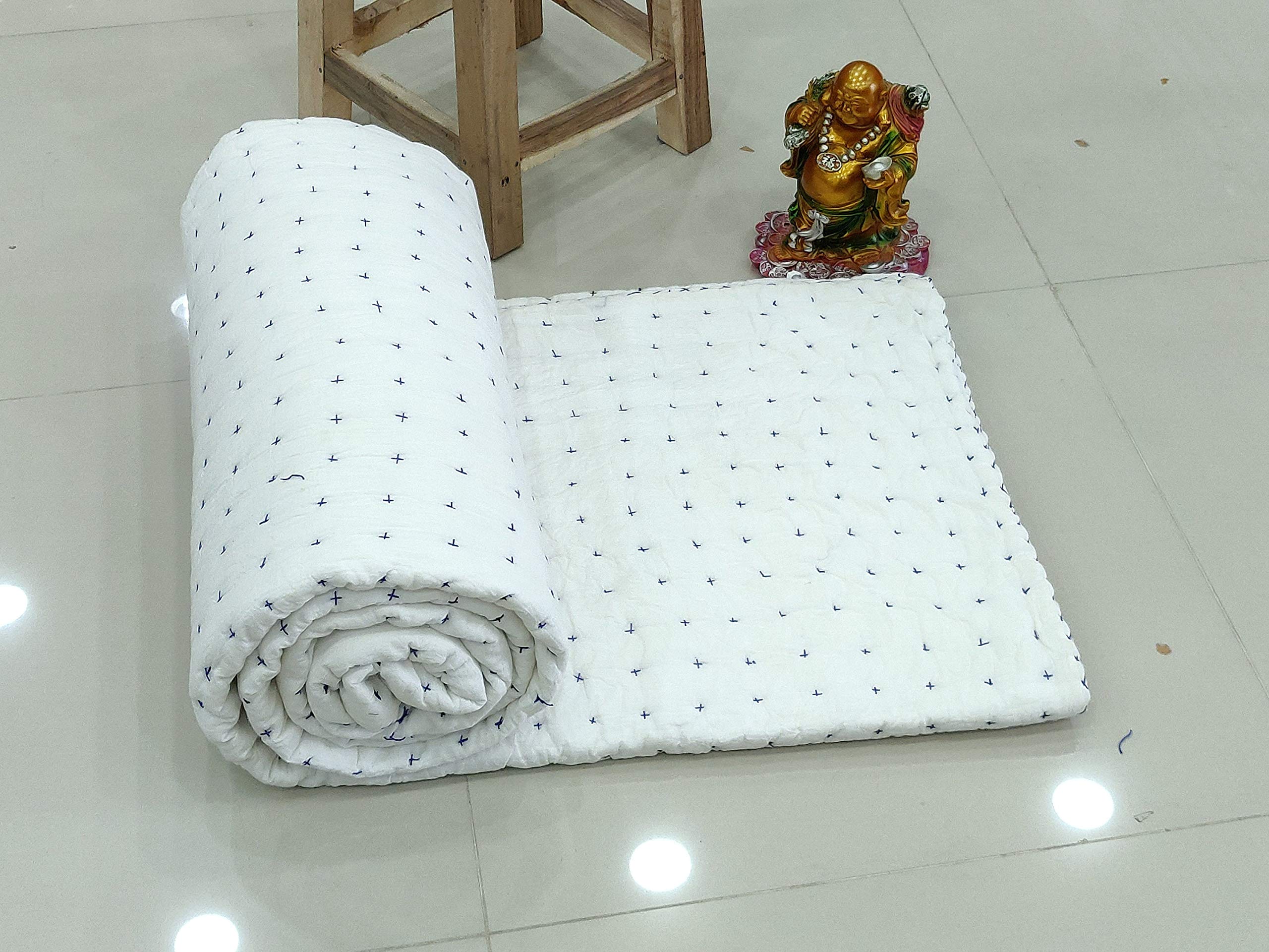 Couverture indienne kantha blanche unie - Couvre-lit matelassé jaipuri razai