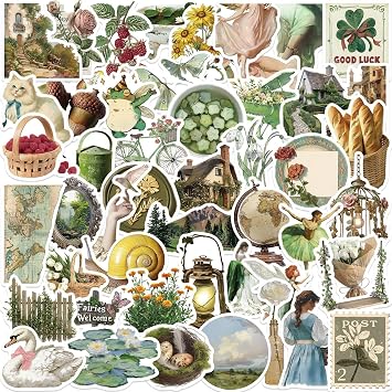 50 pcs Vintage Green PVC Waterproof Stickers Set | Vintage Aesthetic Stickers for Journals, Laptops, Kindle/Books | Cats, Roses, Ballet, Swan | DIY Scrapbooking Craft Supplies for Teens & Adults