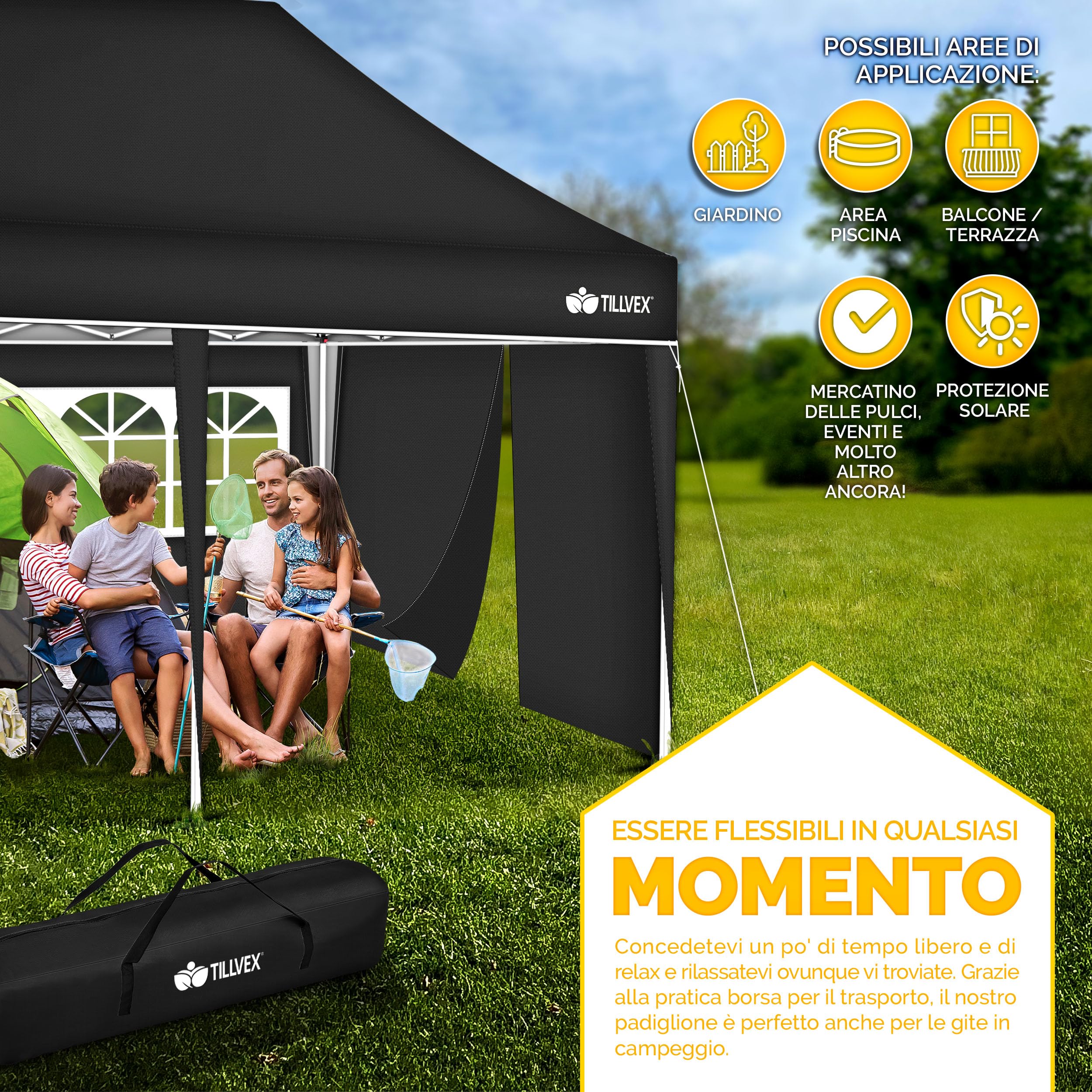 tillvex Gazebo 3x6m da Giardino | Gazebo pieghevole regolabile in altezza | Tenda Pop up impermeabile da protezione UV 50+ | Tenda Padiglione + Sacca di Trasporto (Nero - con 3 pannelli laterali)