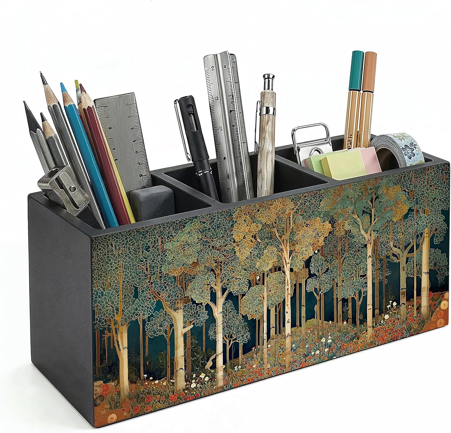 Rustic Forest William Morris Inspired Wooden Pencil Pen Holder for Desk Organizers and Accessories, Farmhouse Nature Forest Botanical Makeup Brush Holder Organizer for Bathroom Vanity