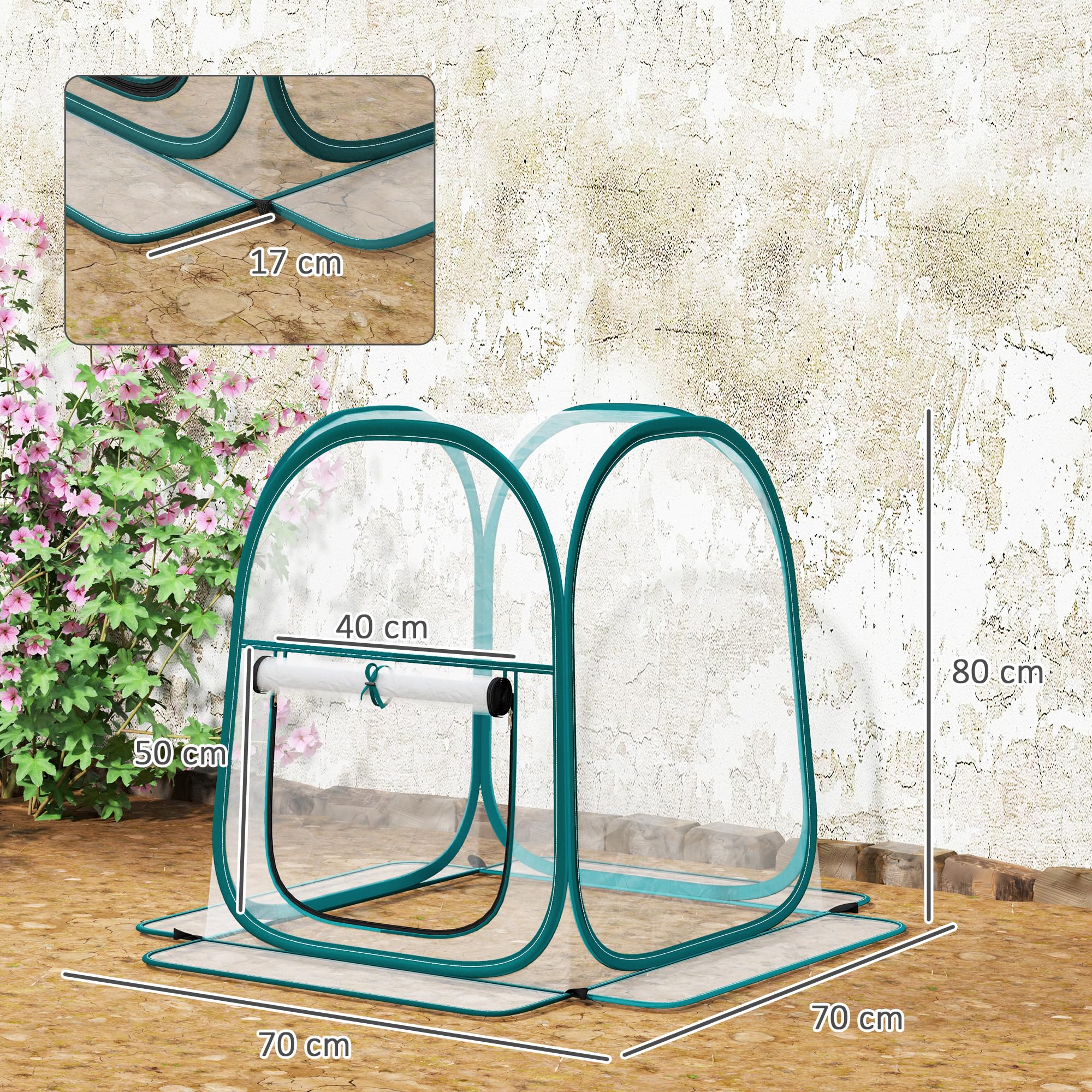 Outsunny Mini Invernadero Plegable Pop-up, Invernadero Exterior Transparente con Puerta Enrollable y Cubierta de Plástico, Contraviento, para Cultivar Plantas, Flores, 70x70x80 cm, Transparente