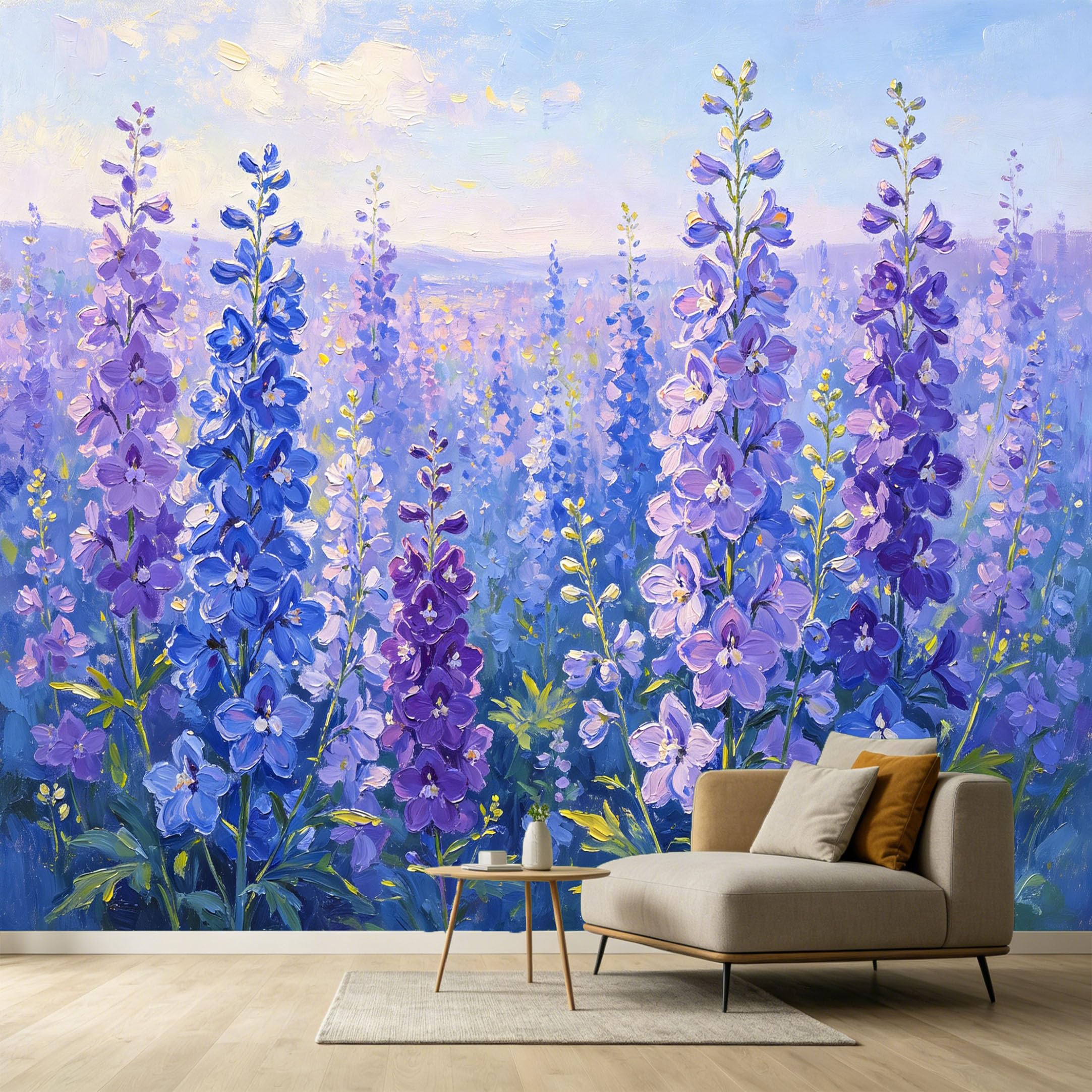 Custom Size Wall Murals Purple Delphinium Botanical Oil Painting Flowers Field SelfAdhesive Wall Fabric Removable Large Wallpaper for Photo Living Room