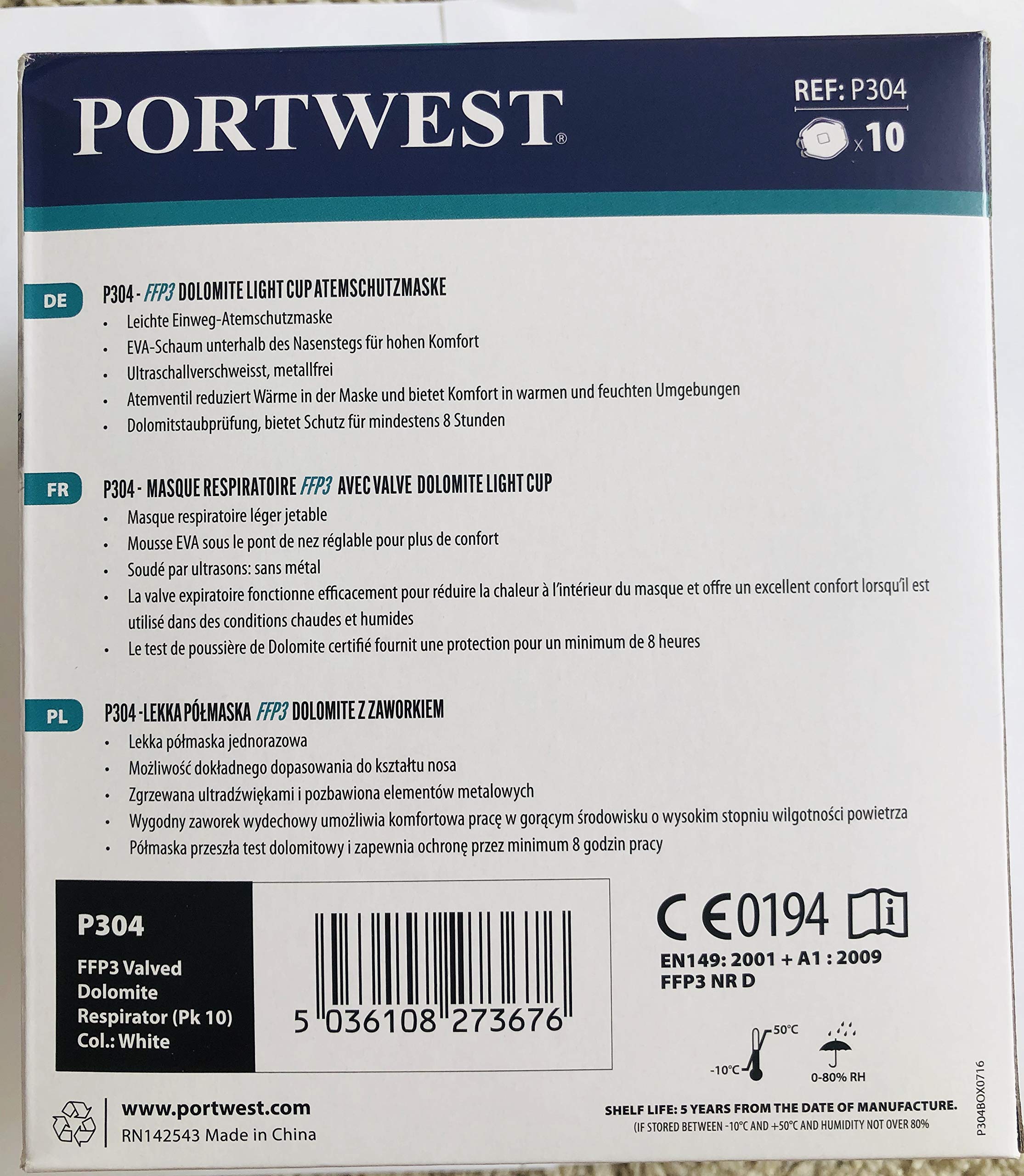 Portwest P304WHR - Respirador de vaso de luz con válvula dolomita, regular, color blanco (caja de 10)