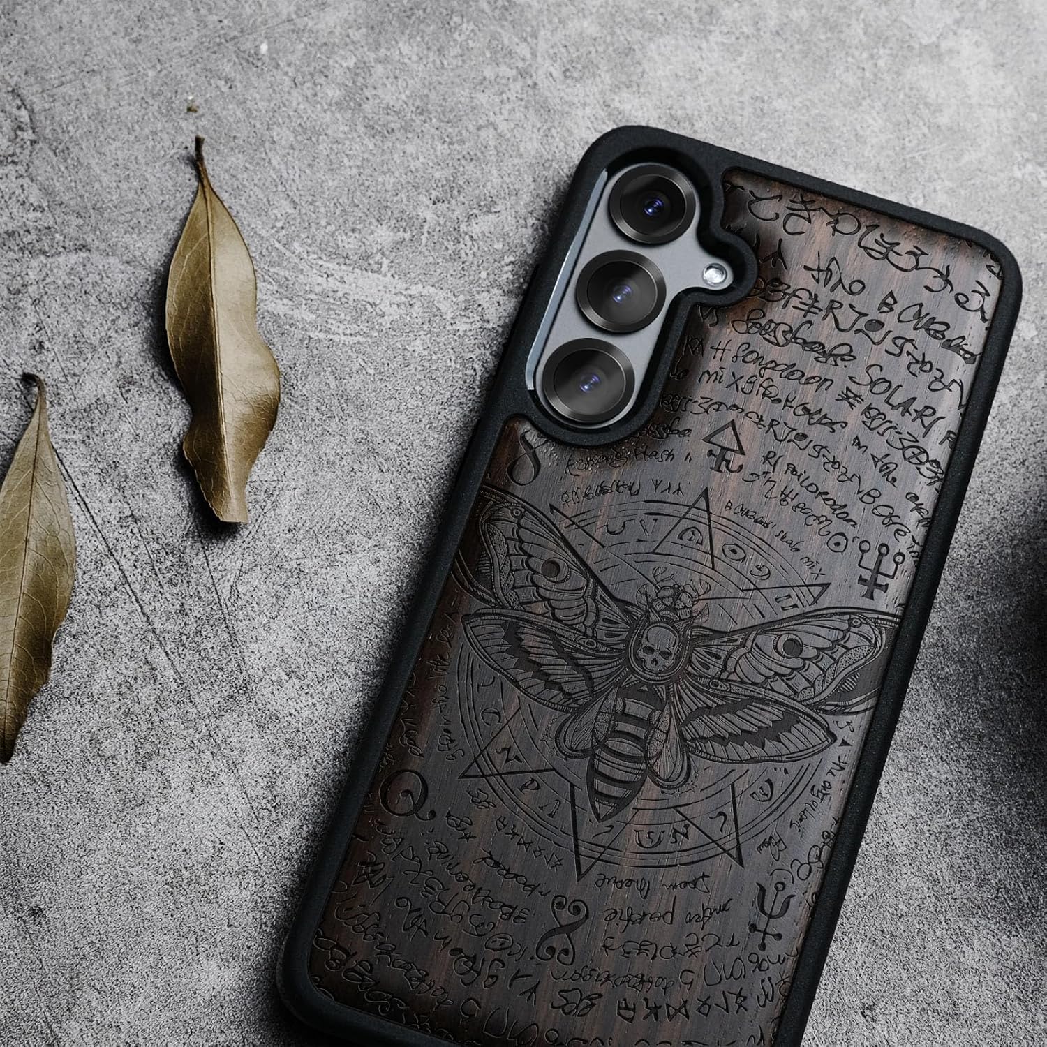 Carveit Magnetic Wooden Case for Samsung Galaxy S25 Case 2025, TPU Shockproof Cover & Wood Artisan Engraved, Compatible with MagSafe Wireless Chargers (Death's Head Moth) Blackwood