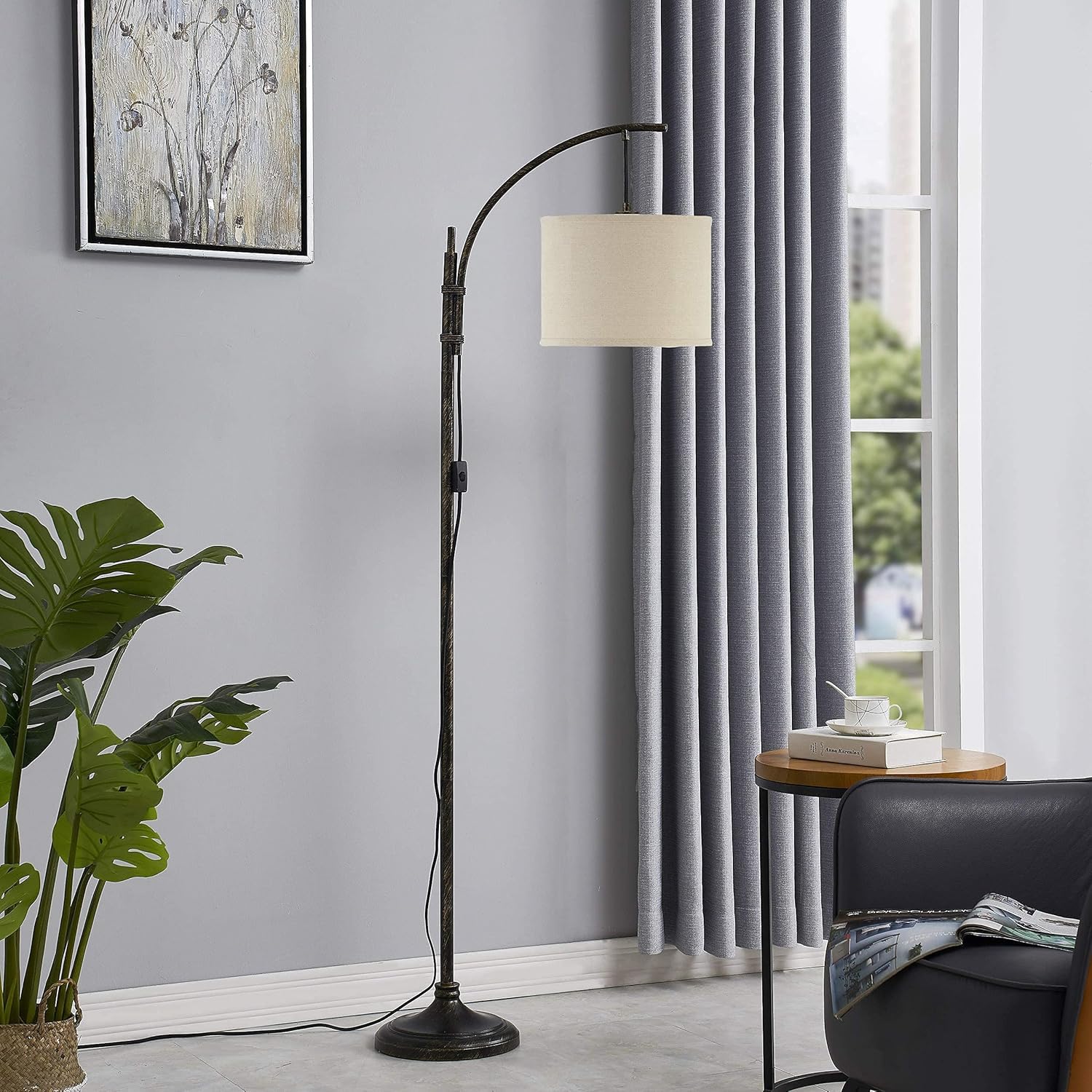 Hоt Dеаlѕ WOXXX Industrial Floor Lamp with Fabric Lamp Shade Modern Rustic Floor Lamp in Aged Bronze Finish, Standing Lamp Farmhouse Arc Floor Lamps for Living Room Bedrooms Office Arched Tall Reading Lamp