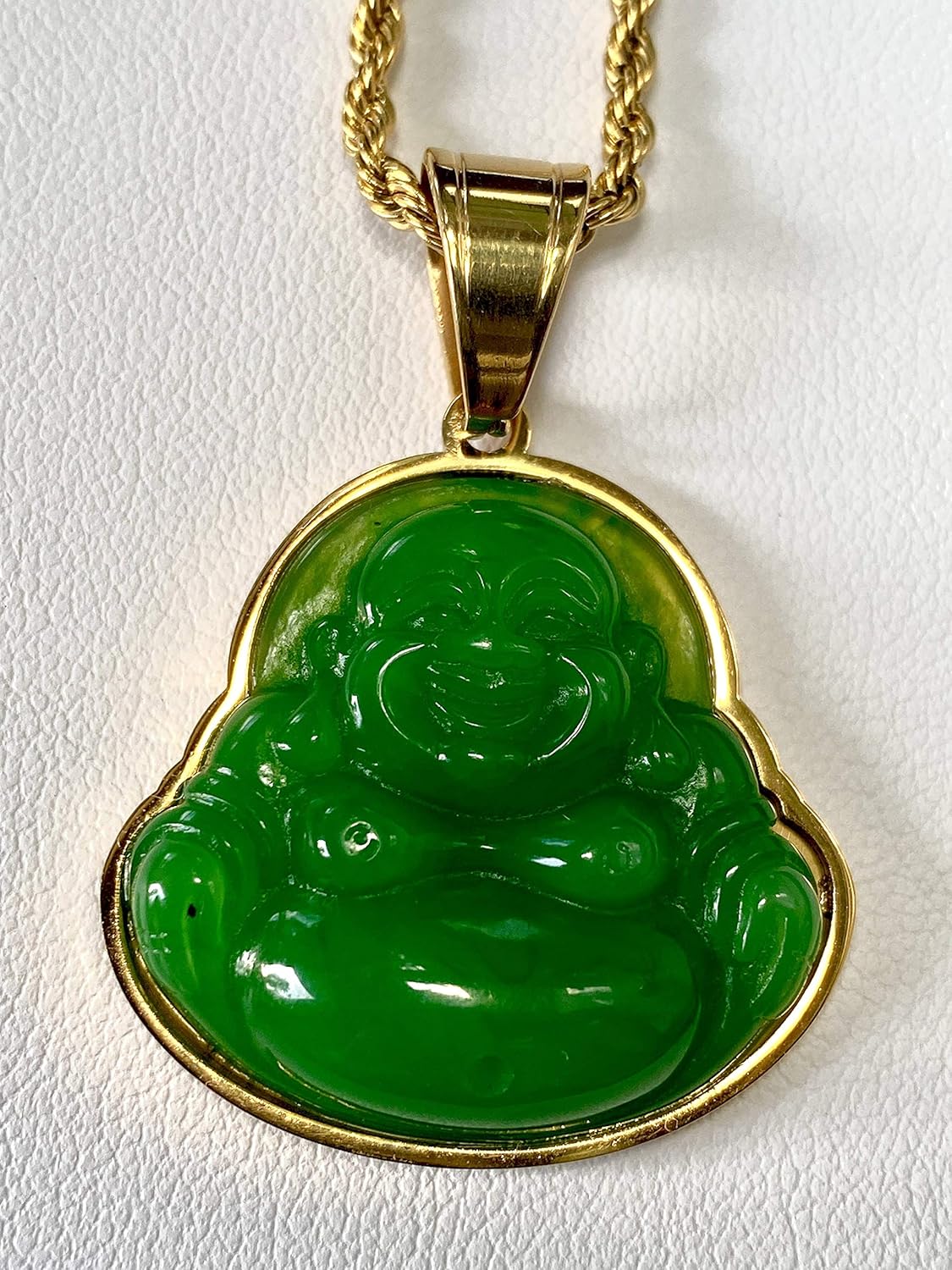 Laughing Buddha Green Jade Pendant Necklace – Men & Women 14k Gold Filled, Certified Grade A Jadeite, Handcrafted Iced Medallion with Rope Chain