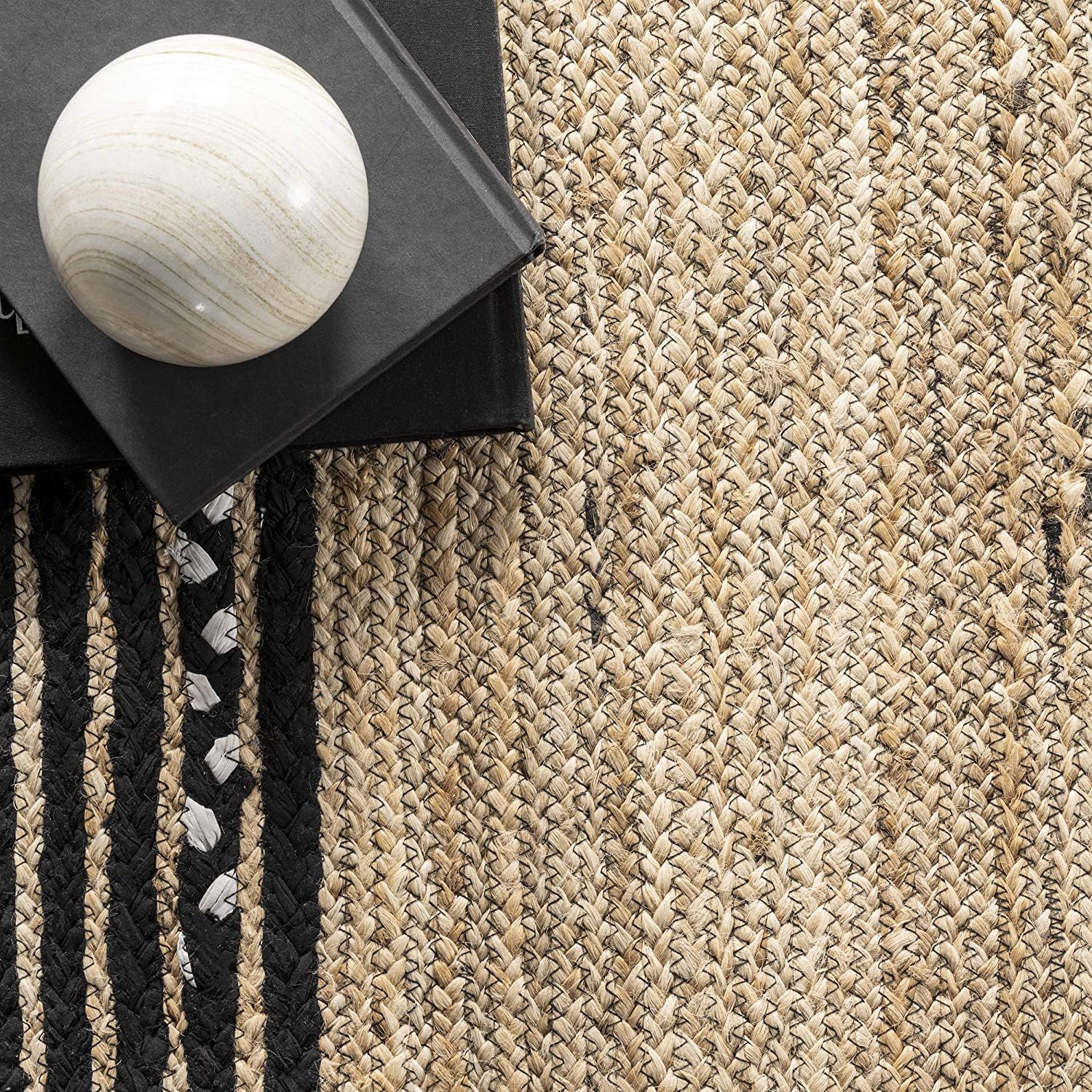 Indian Handmade Natural Jute Area Rug Braided Bohemian Living Room Farm House Rugs (Black & White, 9' x 12')