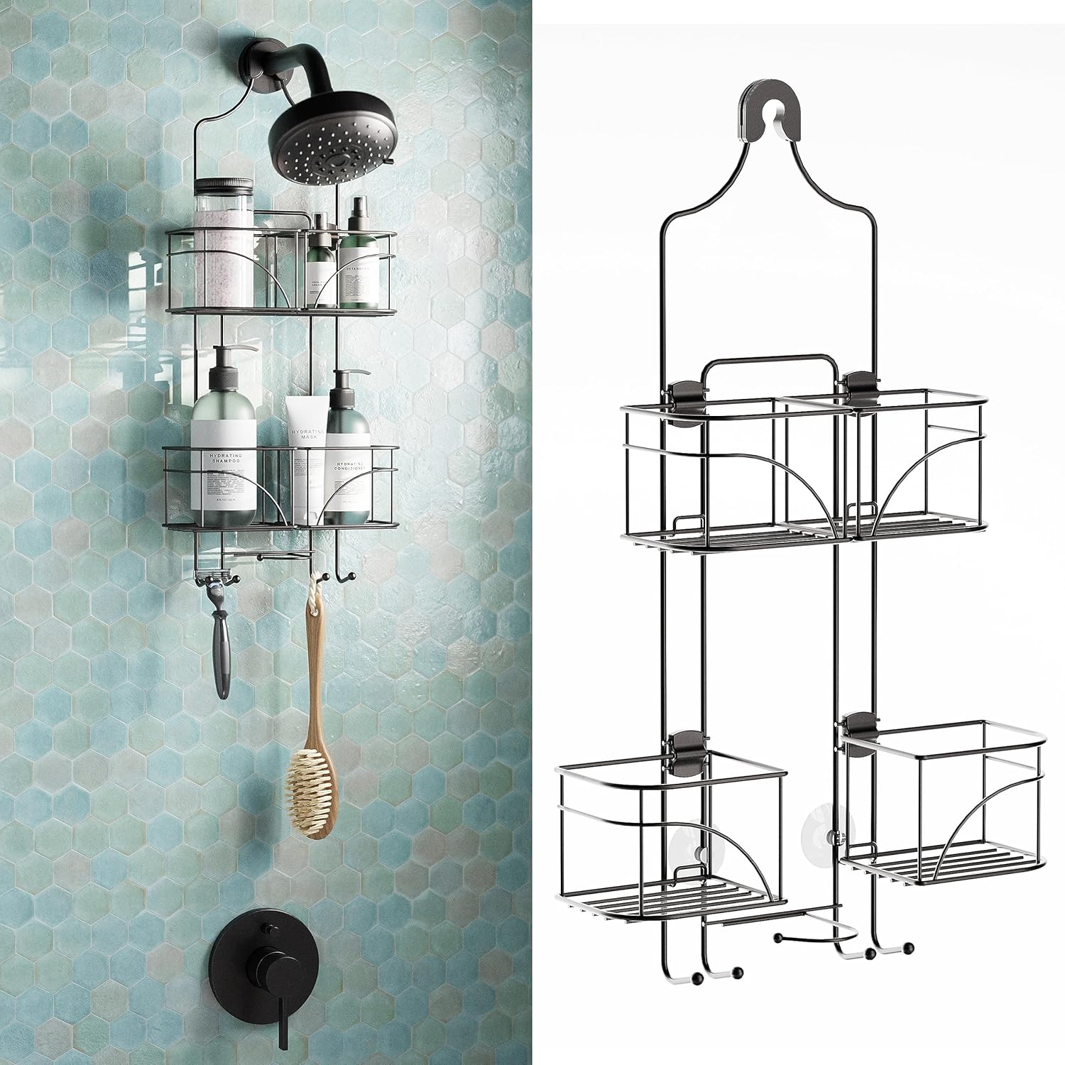 Zenna Home Hanging Shower Caddy, Over the Shower Head Bathroom Storage, Made for Handheld Shower Hoses, Rust Resistant, No Drilling, Expandable Organizer with 4 Baskets, Razor Holders, Hooks, Bronze