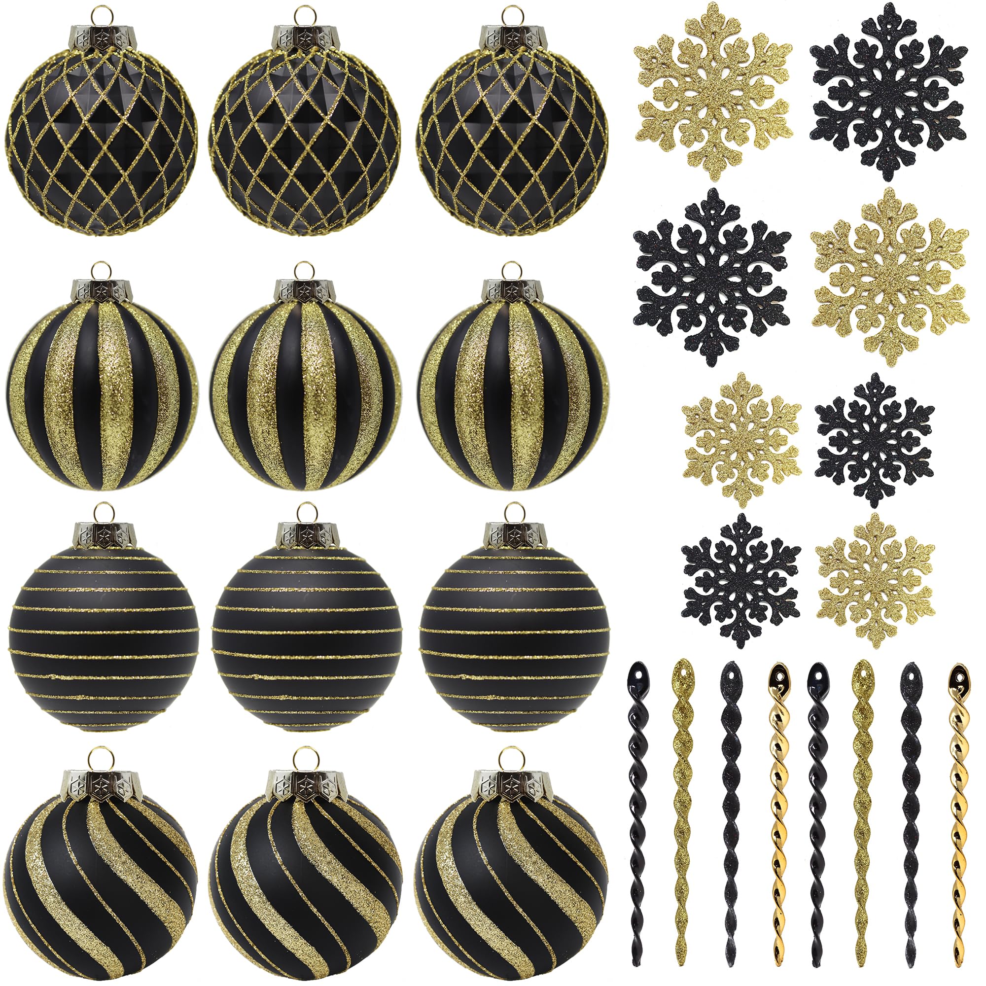 28pk Black Gold Christmas Baubles for Tree Decorations - Holiday Xmas Shatterproof Plastic Ball Ornaments, Icicles and Snowflakes Set