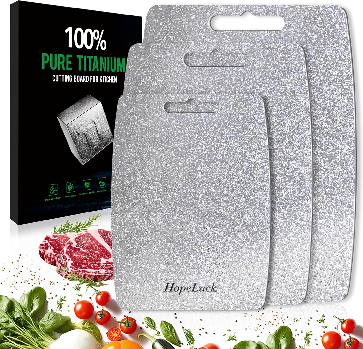 Titanium Cutting Board Set of 3, 100% Pure Titanium Cutting Boards for Kitchen, Double Sided Food-Grade Lightweight Metal Chopping Board for Meat Vegetables (16"*11"+13"*9"+9"*6")