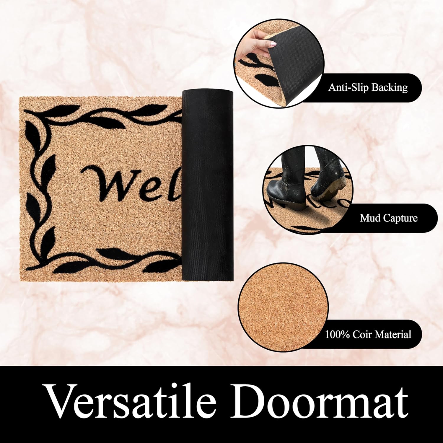 A1HC Natural Coir Flocked Doormat with Heavy Duty Non-Slip PVC Backing Easy to Clean, Fade Resistant, Low-Profile Durable Doormat (Black Welcome, 24x36)
