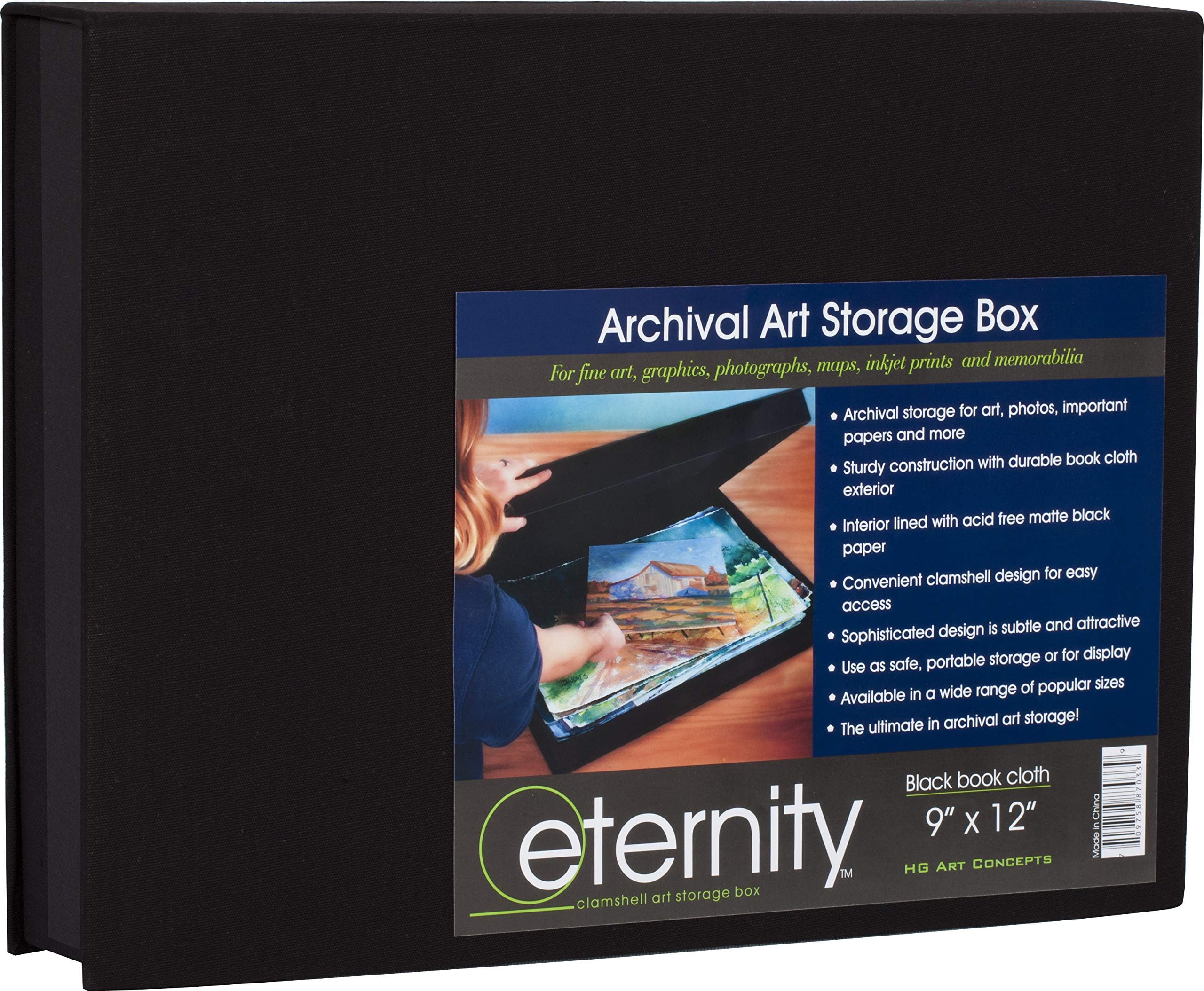 HG Art Concepts Photo Storage Box Eternity Archival Clamshell Box for Storing Artwork, Photos & Documents Deluxe Acid-Free Sturdy & Lined with Archival Paper - [Black - 9" x 12"]