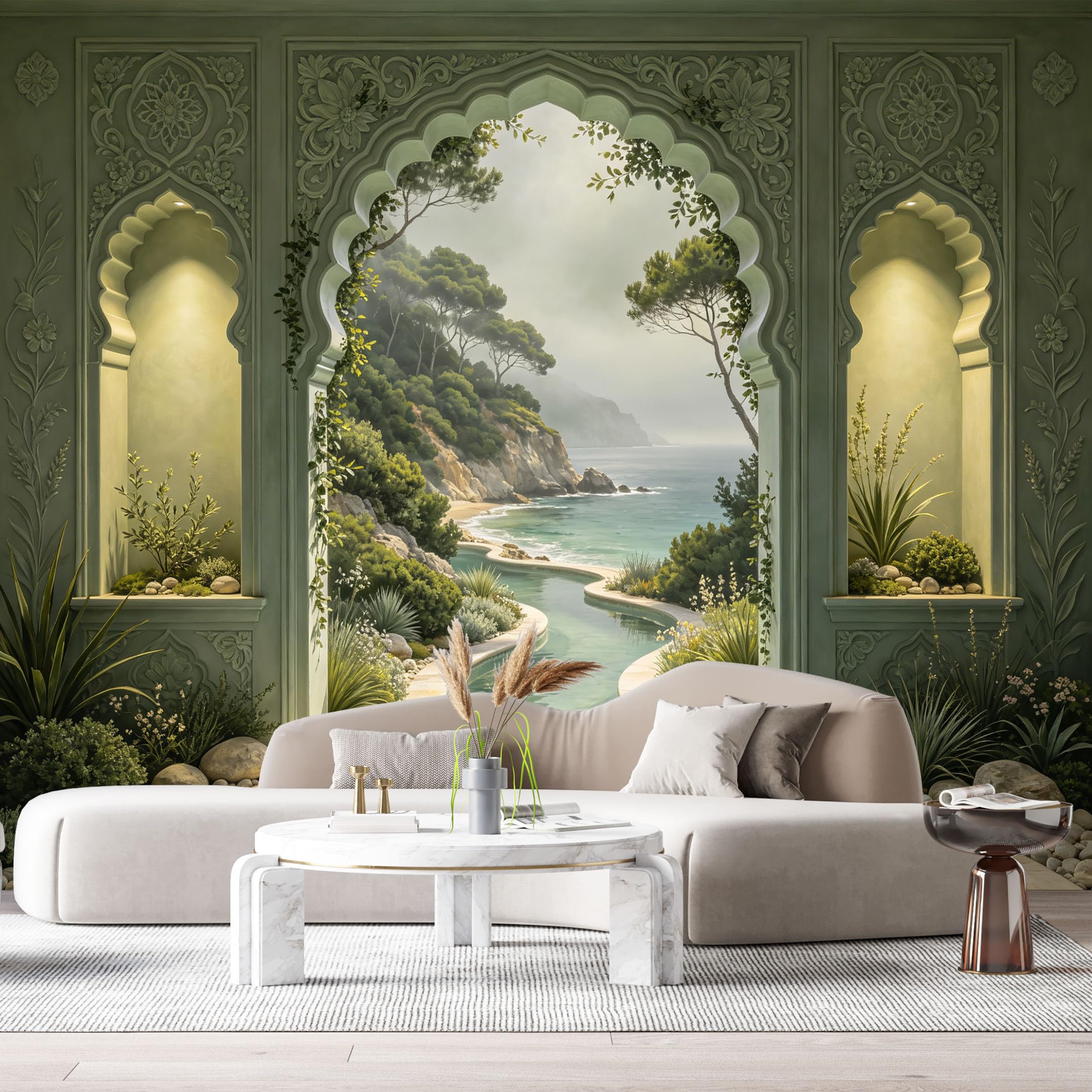 Custom Size Wall Murals Arch Coastal Landscape Architecture 3D Trompe L'Oeil SelfAdhesiveWall Fabric Removable Wallpaper Wall Decor for Living Room Bedroom Bathroom